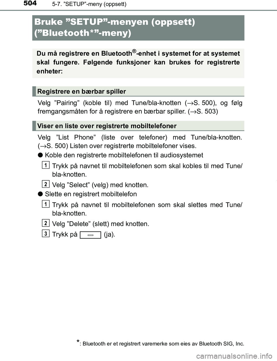 TOYOTA C-HR 2016 Instruksjoner for bruk (in Norwegian) 5045-7. ”SETUP”-meny (oppsett)
C-HR_OM_Europe_OM10528NO
Bruke ”SETUP”-menyen (oppsett)
(”Bluetooth*”-meny)
Velg ”Pairing” (koble til) med Tune/bla-knotten ( →S. 500), og følg
fre TOYOTA C-HR 2016 Instruksjoner for bruk (in Norwegian) 5045-7. ”SETUP”-meny (oppsett)
C-HR_OM_Europe_OM10528NO
Bruke ”SETUP”-menyen (oppsett)
(”Bluetooth*”-meny)
Velg ”Pairing” (koble til) med Tune/bla-knotten ( →S. 500), og følg
fre