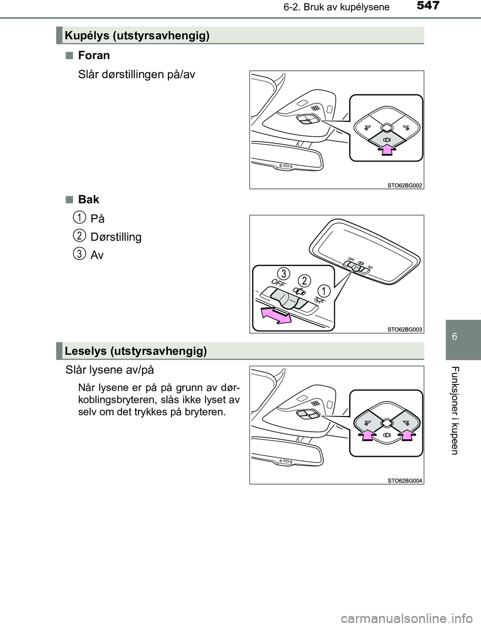 TOYOTA C-HR 2016  Instruksjoner for bruk (in Norwegian) 5476-2. Bruk av kupélysene
6
Funksjoner i kupeen
C-HR_OM_Europe_OM10528NOn
Foran
Slår dørstillingen på/av
nBak
På
Dørstilling
Av
Slår lysene av/på
Når lysene er på på grunn av dør-
kobling