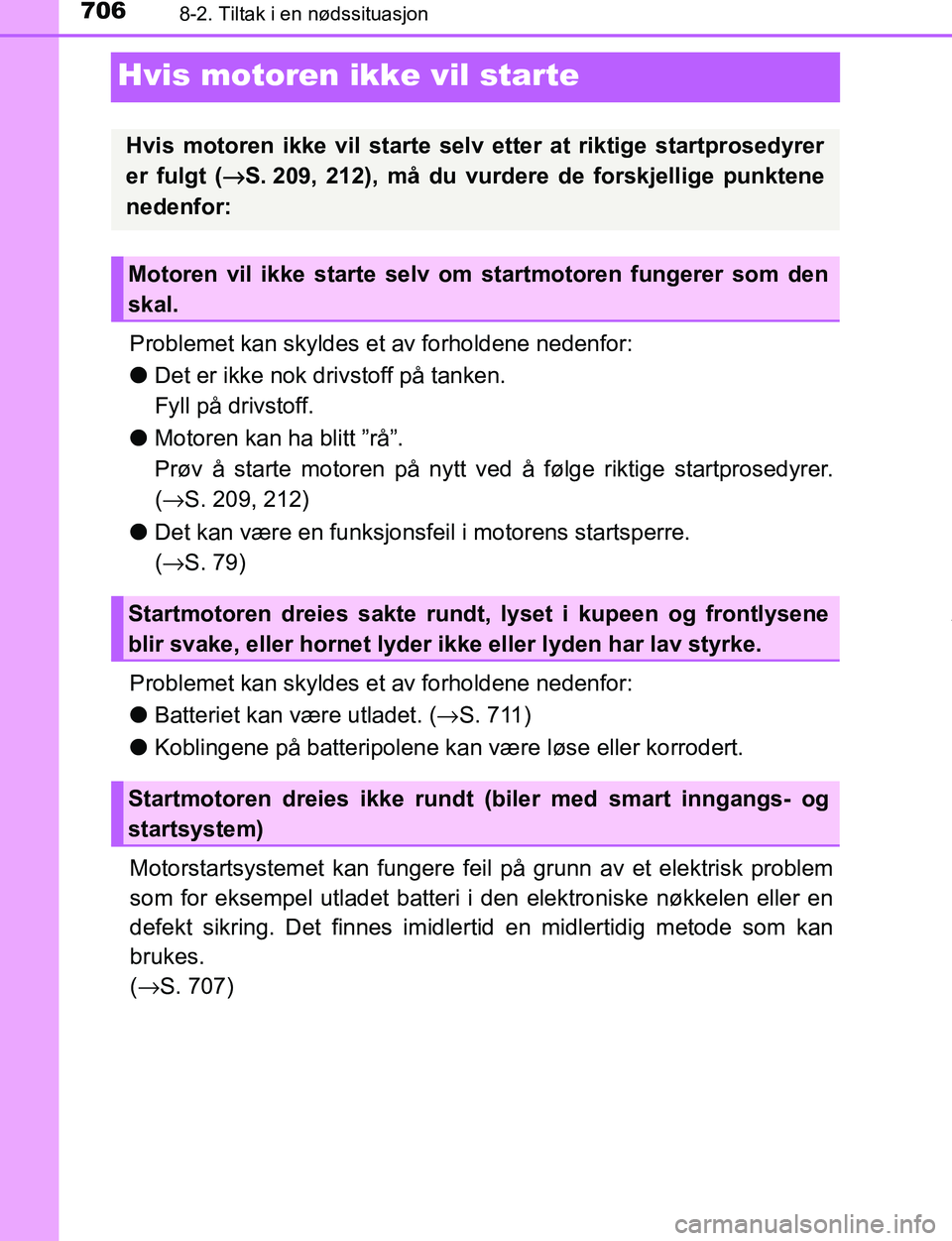 TOYOTA C-HR 2016 Instruksjoner for bruk (in Norwegian) 7068-2. Tiltak i en nødssituasjon
C-HR_OM_Europe_OM10528NO
Hvis motoren ikke vil starte
Problemet kan skyldes et av forholdene nedenfor:
lDet er ikke nok dr ivstoff på tanken.
Fyll på drivstoff.
l TOYOTA C-HR 2016 Instruksjoner for bruk (in Norwegian) 7068-2. Tiltak i en nødssituasjon
C-HR_OM_Europe_OM10528NO
Hvis motoren ikke vil starte
Problemet kan skyldes et av forholdene nedenfor:
lDet er ikke nok dr ivstoff på tanken.
Fyll på drivstoff.
l