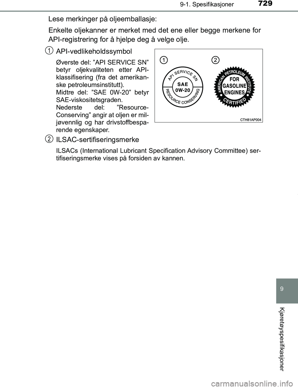 TOYOTA C-HR 2016 Instruksjoner for bruk (in Norwegian) 7299-1. Spesifikasjoner
9
Kjøretøyspesifikasjoner
C-HR_OM_Europe_OM10528NO
Lese merkinger på oljeemballasje:
Enkelte oljekanner er merket med det ene eller begge merkene for
API-registrering for å TOYOTA C-HR 2016 Instruksjoner for bruk (in Norwegian) 7299-1. Spesifikasjoner
9
Kjøretøyspesifikasjoner
C-HR_OM_Europe_OM10528NO
Lese merkinger på oljeemballasje:
Enkelte oljekanner er merket med det ene eller begge merkene for
API-registrering for å