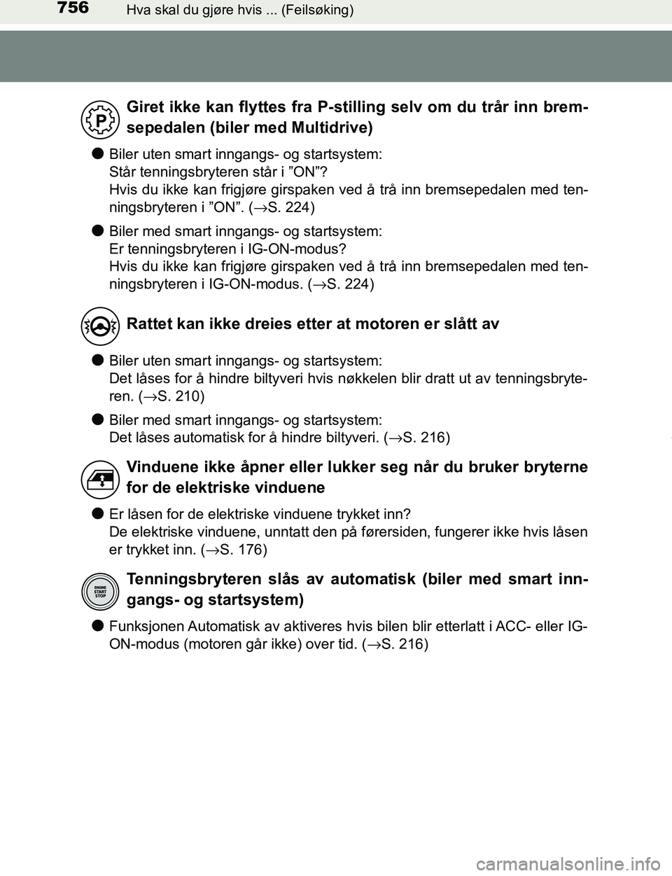 TOYOTA C-HR 2016 Instruksjoner for bruk (in Norwegian) 756Hva skal du gjøre hvis ... (Feilsøking)
C-HR_OM_Europe_OM10528NO
lBiler uten smart inngangs- og startsystem:
Står tenningsbryteren står i ”ON”?
Hvis du ikke kan frigjøre girspaken ved å TOYOTA C-HR 2016 Instruksjoner for bruk (in Norwegian) 756Hva skal du gjøre hvis ... (Feilsøking)
C-HR_OM_Europe_OM10528NO
lBiler uten smart inngangs- og startsystem:
Står tenningsbryteren står i ”ON”?
Hvis du ikke kan frigjøre girspaken ved å