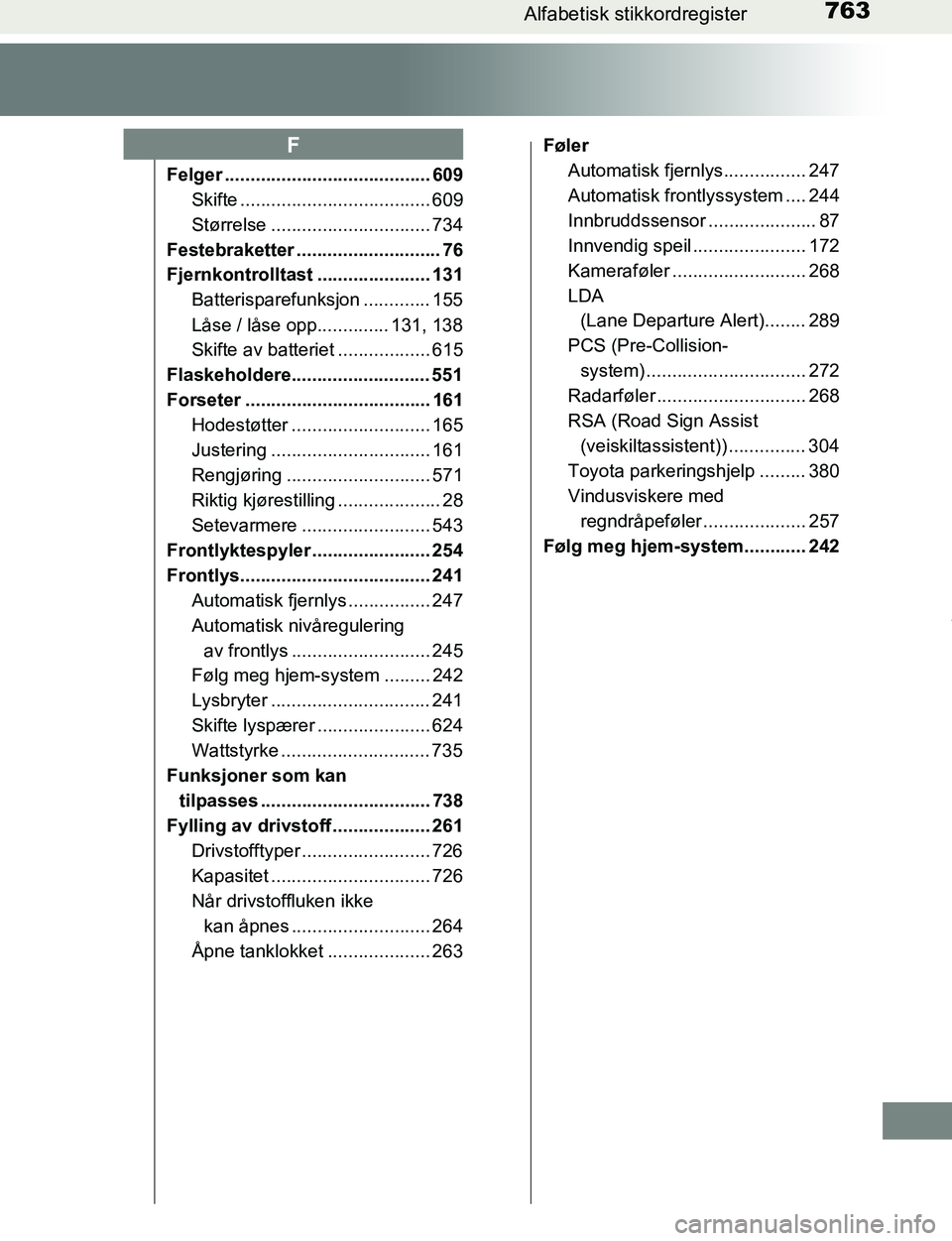 TOYOTA C-HR 2016 Instruksjoner for bruk (in Norwegian) 763Alfabetisk stikkordregister
C-HR_OM_Europe_OM10528NO
Felger ........................................ 609Skifte ..................................... 609
Størrelse ............................... 7 TOYOTA C-HR 2016 Instruksjoner for bruk (in Norwegian) 763Alfabetisk stikkordregister
C-HR_OM_Europe_OM10528NO
Felger ........................................ 609Skifte ..................................... 609
Størrelse ............................... 7