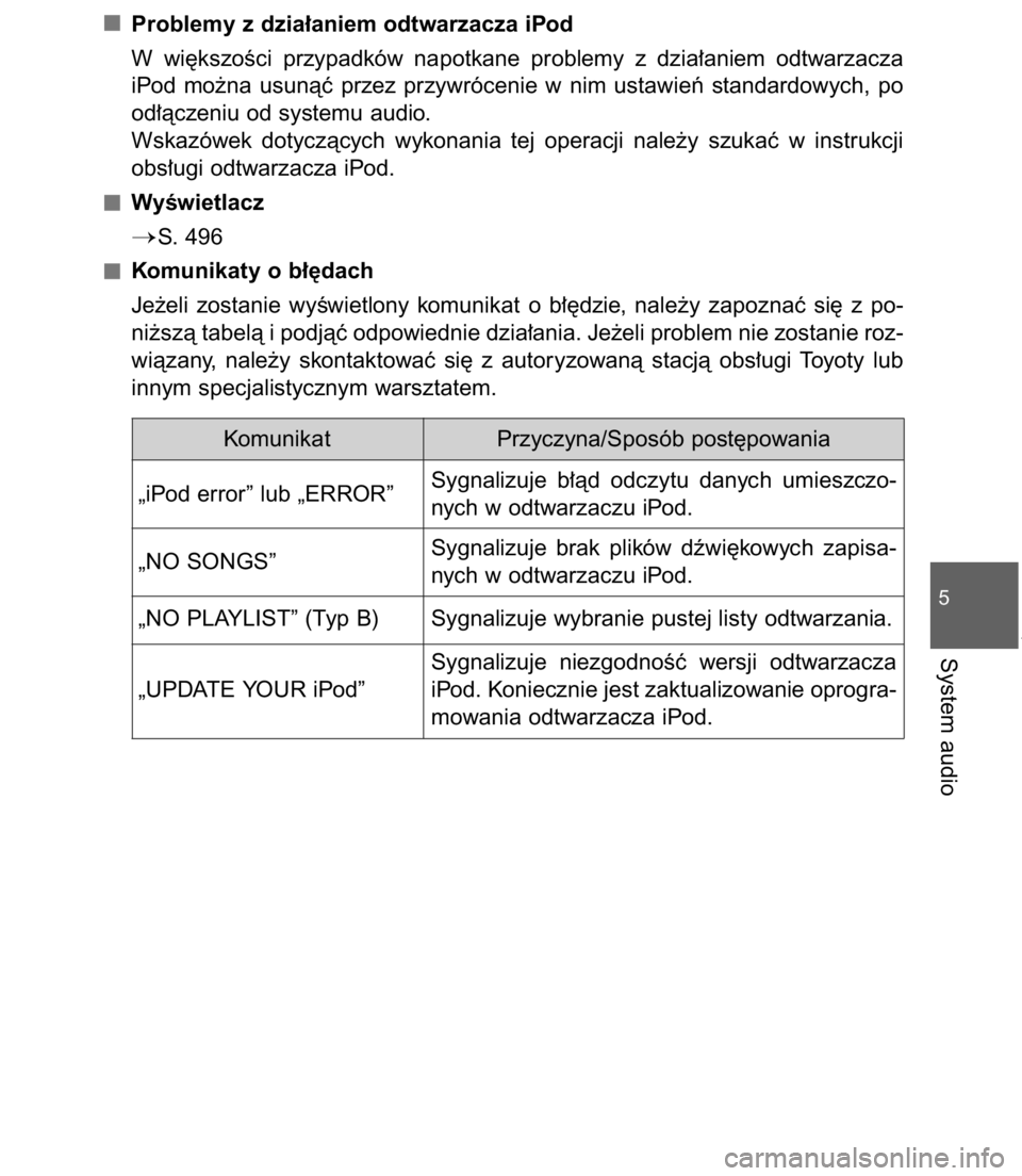 TOYOTA C-HR 2016  Instrukcja obsługi (in Polish) Problemy z dzia∏aniem odtwarzacza iPod
W wi´kszoÊci  przypadków  napotkane  problemy  z dzia∏aniem  odtwarzacza
iPod  mo˝na  usunàç  przez  przywrócenie  w nim  ustawieƒ  standardowych,  p