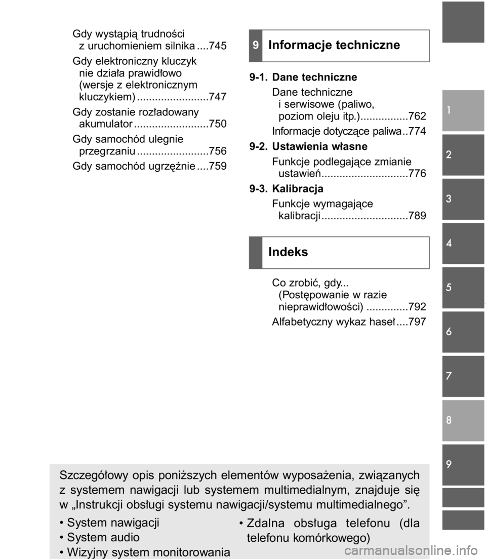 TOYOTA C-HR 2016  Instrukcja obsługi (in Polish) 7
Gdy wystàpià trudnoÊci
z uruchomieniem silnika ....745
Gdy elektroniczny kluczyk
nie dzia∏a prawid∏owo
(wersje z elektronicznym
kluczykiem) ........................747
Gdy zostanie roz∏adow