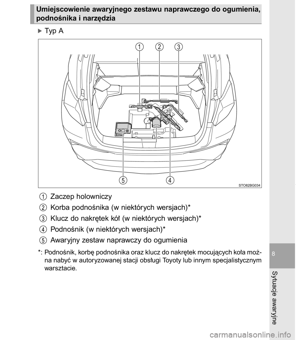 TOYOTA C-HR 2016  Instrukcja obsługi (in Polish) óTyp A
Zaczep holowniczy
Korba podnoÊnika (w niektórych wersjach)*
Klucz do nakr´tek kó∏ (w niektórych wersjach)*
PodnoÊnik (w niektórych wersjach)*
Awaryjny zestaw naprawczy do ogumienia
*:
