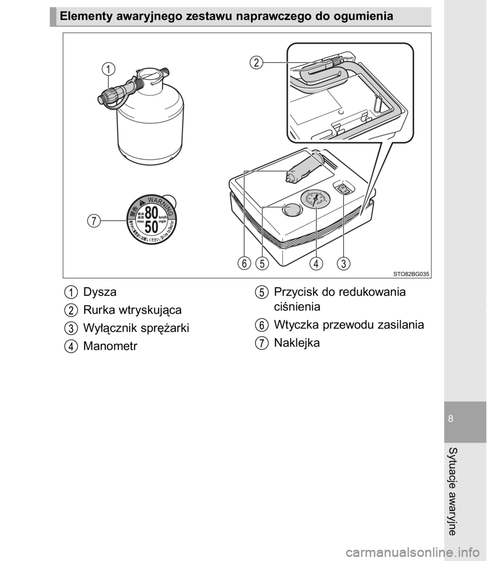 TOYOTA C-HR 2016  Instrukcja obsługi (in Polish) 8-2. Post´powanie w sytuacjach awaryjnych715
8
Sytuacje awaryjne
Elementy awaryjnego zestawu naprawczego do ogumienia
Dysza
Rurka wtryskujàca
Wy∏àcznik spr´˝arki
ManometrPrzycisk do redukowania