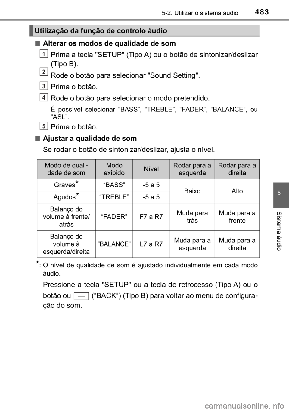 TOYOTA C-HR 2016  Manual de utilização (in Portuguese) 483������8�W�L�O�L�]�D�U��R��V�L�V�W�H�P�D��i�X�G�L�R
�
�6�L�V�W�H�P�D��i�X�G�L�R
■�$�O�W�H�U�D�U��R�V��P�R�G�R�V��G�H��T�X�D�O�L�G�D�G�H��G�H��V�R�P
�3�U�L�P�D��D��W�H�F�O�D���6