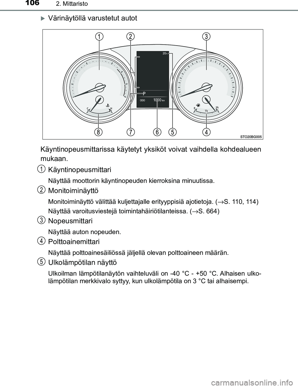 TOYOTA C-HR 2016  Omistajan Käsikirja (in Finnish) 1062. Mittaristo
OM10528FI
Värinäytöllä varustetut autot
Käyntinopeusmittarissa käytetyt yk siköt voivat vaihdella kohdealueen
mukaan.
Käyntinopeusmittari
Näyttää moottorin käyntinopeud