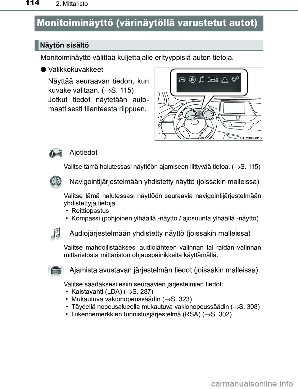 TOYOTA C-HR 2016  Omistajan Käsikirja (in Finnish) 1142. Mittaristo
OM10528FI
Monitoiminäyttö (värinäytöllä varustetut autot)
Monitoiminäyttö välittää kuljettajalle erityyppisiä auton tietoja.
● Valikkokuvakkeet
Näyttää seuraavan tied