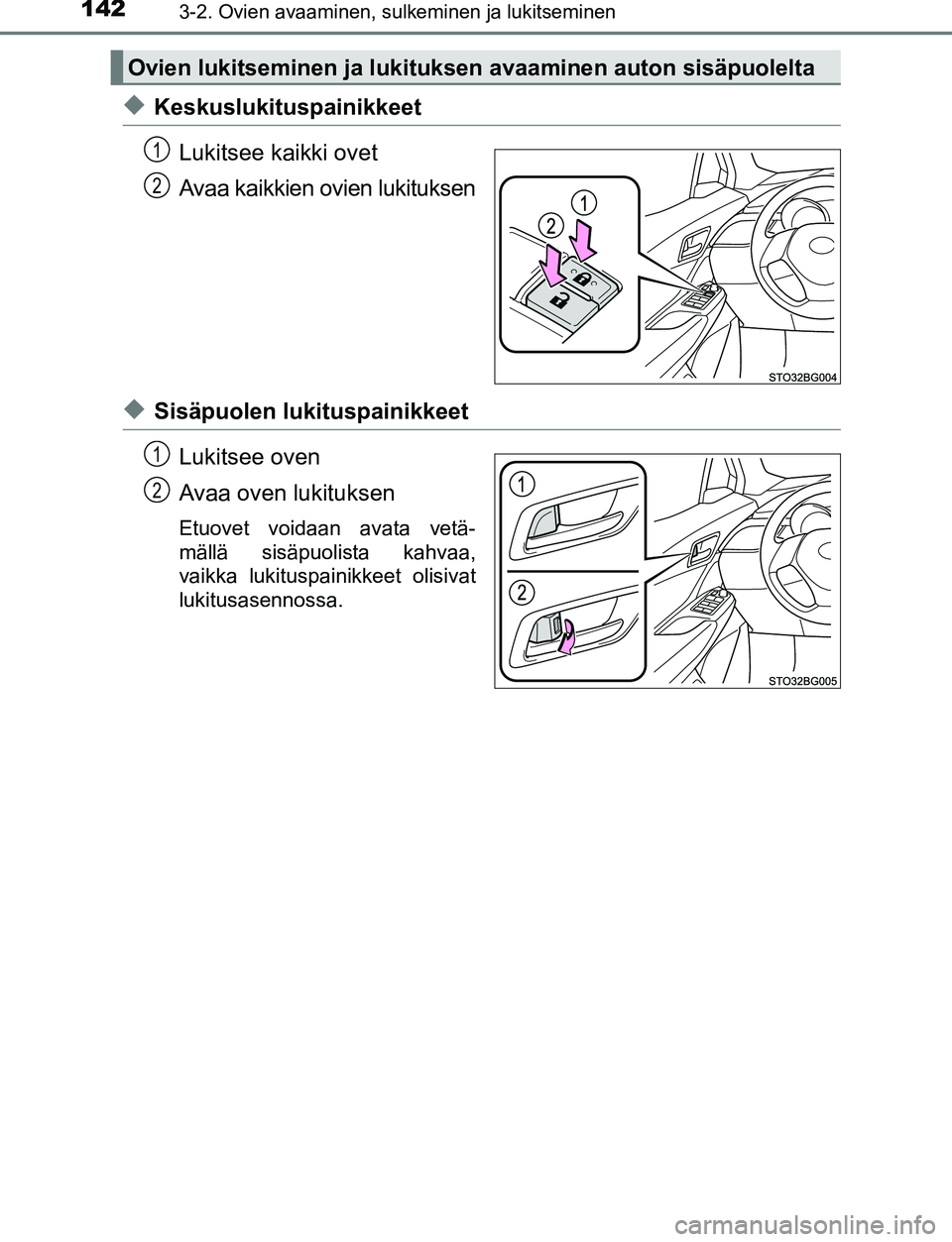 TOYOTA C-HR 2016 Omistajan Käsikirja (in Finnish) 1423-2. Ovien avaaminen, sulkeminen ja lukitseminen
OM10528FI
◆KeskuslukituspainikkeetLukitsee kaikki ovet
Avaa kaikkien ovien lukituksen
◆Sisäpuolen lukituspainikkeetLukitsee oven
Avaa oven luki TOYOTA C-HR 2016 Omistajan Käsikirja (in Finnish) 1423-2. Ovien avaaminen, sulkeminen ja lukitseminen
OM10528FI
◆KeskuslukituspainikkeetLukitsee kaikki ovet
Avaa kaikkien ovien lukituksen
◆Sisäpuolen lukituspainikkeetLukitsee oven
Avaa oven luki