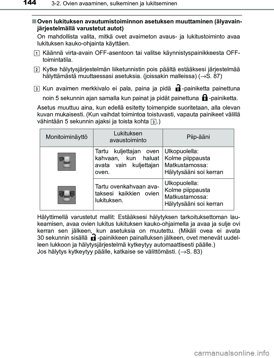 TOYOTA C-HR 2016 Omistajan Käsikirja (in Finnish) 1443-2. Ovien avaaminen, sulkeminen ja lukitseminen
OM10528FI
■Oven lukituksen avautumistoiminnon asetuksen muuttaminen (älyavain-
järjestelmällä varustetut autot)
On mahdollista valita, mitkä TOYOTA C-HR 2016 Omistajan Käsikirja (in Finnish) 1443-2. Ovien avaaminen, sulkeminen ja lukitseminen
OM10528FI
■Oven lukituksen avautumistoiminnon asetuksen muuttaminen (älyavain-
järjestelmällä varustetut autot)
On mahdollista valita, mitkä