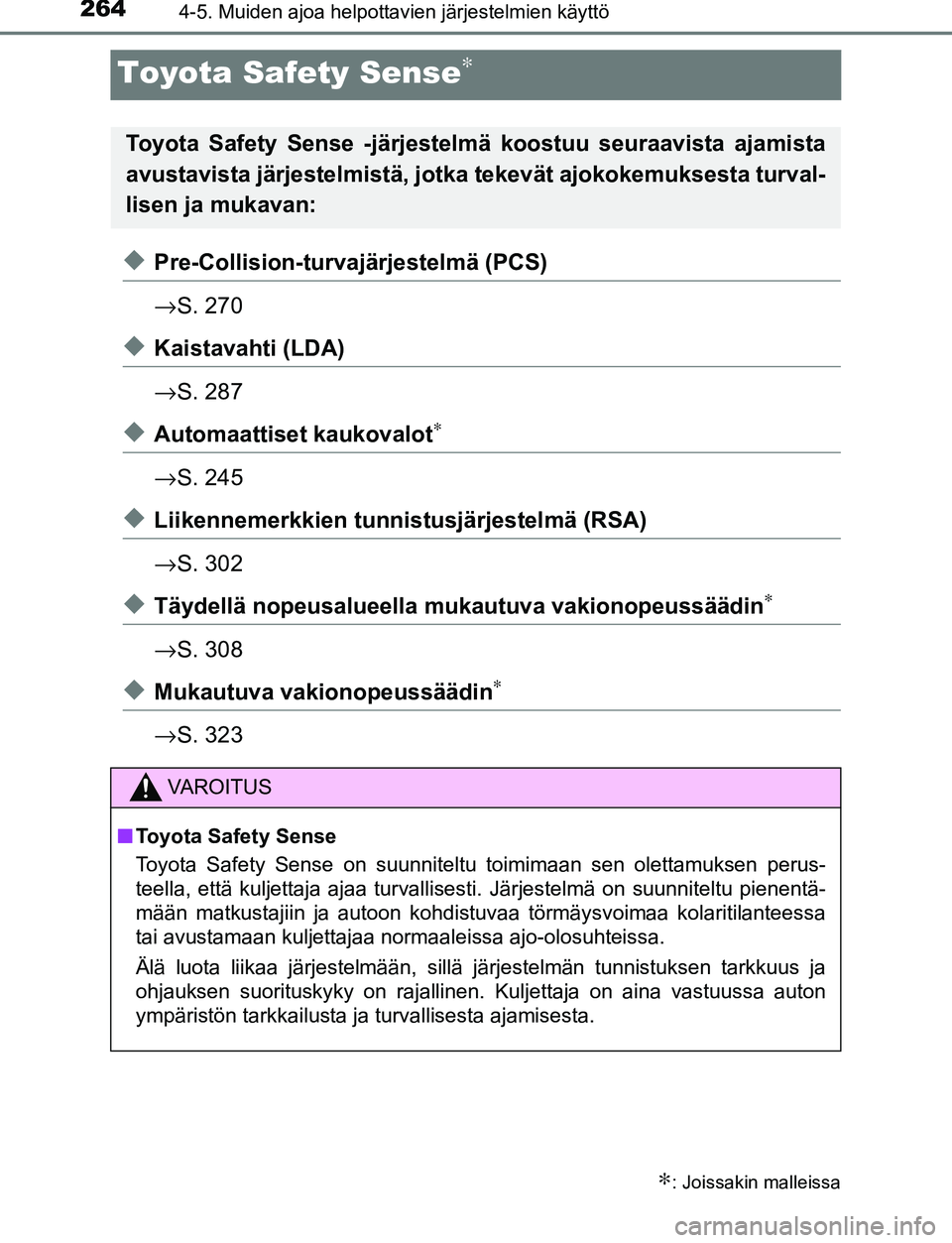 TOYOTA C-HR 2016 Omistajan Käsikirja (in Finnish) 2644-5. Muiden ajoa helpottavien järjestelmien käyttö
OM10528FI
Toyota Safety Sense∗
◆Pre-Collision-turvajärjestelmä (PCS)
→S. 270
◆Kaistavahti (LDA)
→S. 287
◆Automaattiset kaukovalot TOYOTA C-HR 2016 Omistajan Käsikirja (in Finnish) 2644-5. Muiden ajoa helpottavien järjestelmien käyttö
OM10528FI
Toyota Safety Sense∗
◆Pre-Collision-turvajärjestelmä (PCS)
→S. 270
◆Kaistavahti (LDA)
→S. 287
◆Automaattiset kaukovalot