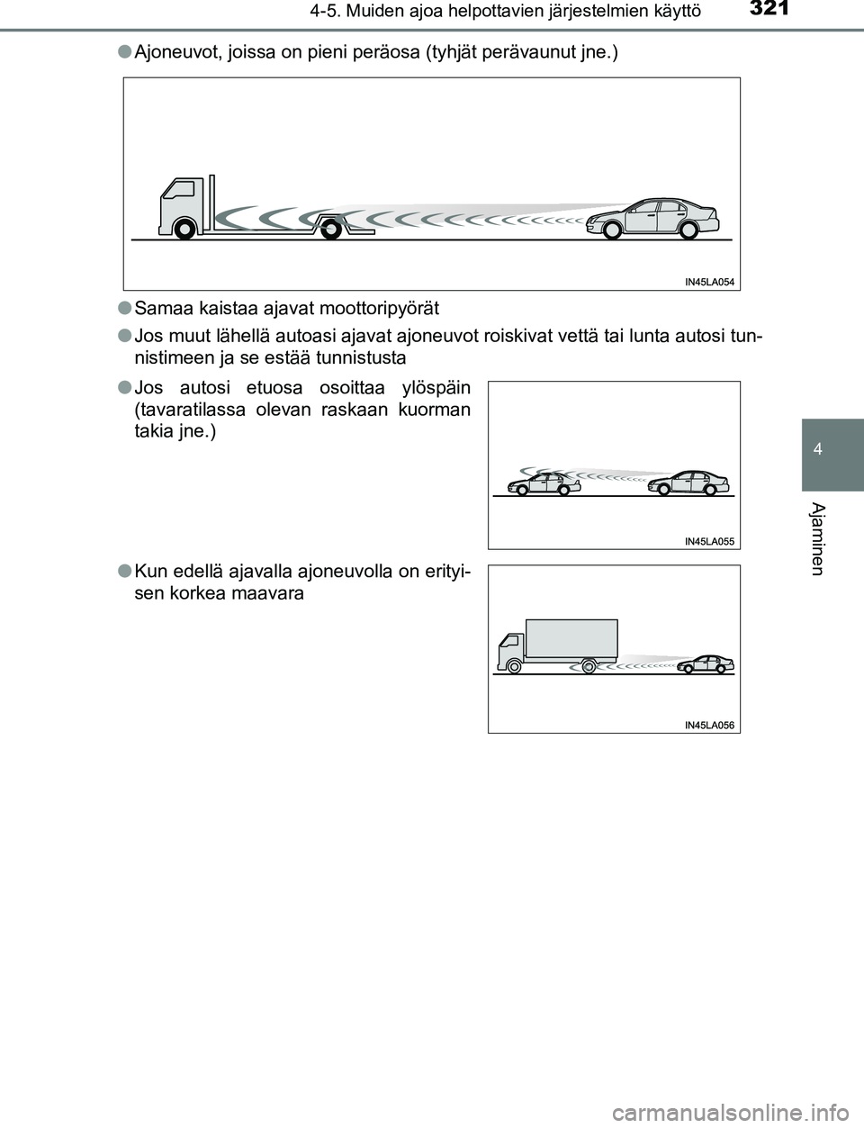 TOYOTA C-HR 2016 Omistajan Käsikirja (in Finnish) 3214-5. Muiden ajoa helpottavien järjestelmien käyttö
4
Ajaminen
OM10528FI●
Ajoneuvot, joissa on pieni peräosa (tyhjät perävaunut jne.)
● Samaa kaistaa ajavat moottoripyörät
● Jos muut l TOYOTA C-HR 2016 Omistajan Käsikirja (in Finnish) 3214-5. Muiden ajoa helpottavien järjestelmien käyttö
4
Ajaminen
OM10528FI●
Ajoneuvot, joissa on pieni peräosa (tyhjät perävaunut jne.)
● Samaa kaistaa ajavat moottoripyörät
● Jos muut l