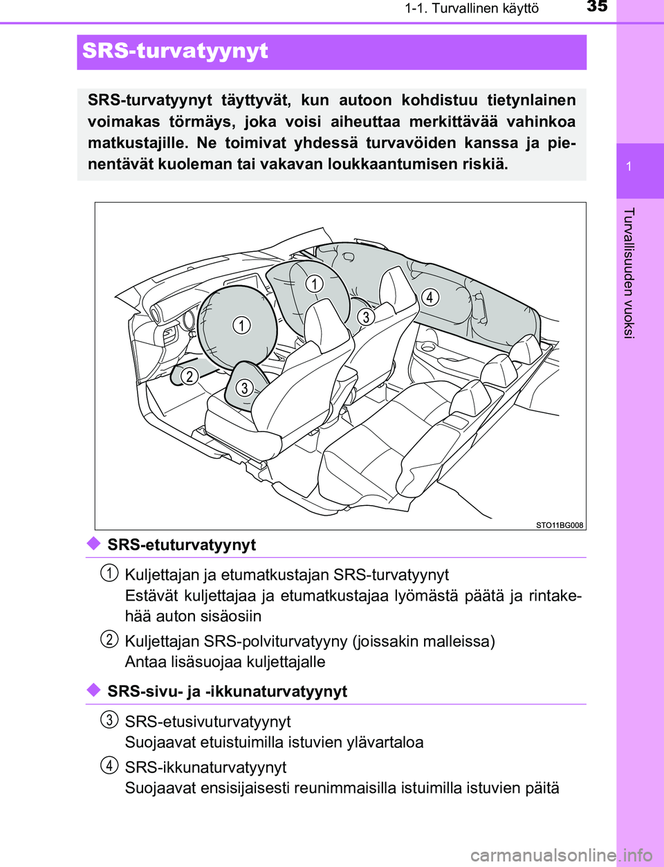 TOYOTA C-HR 2016  Omistajan Käsikirja (in Finnish) 351-1. Turvallinen käyttö
1
Turvallisuuden vuoksi
OM10528FI
SRS-turvatyynyt
◆SRS-etuturvatyynytKuljettajan ja etumatkustajan SRS-turvatyynyt
Estävät kuljettajaa ja etumatkustajaa lyömästä pä