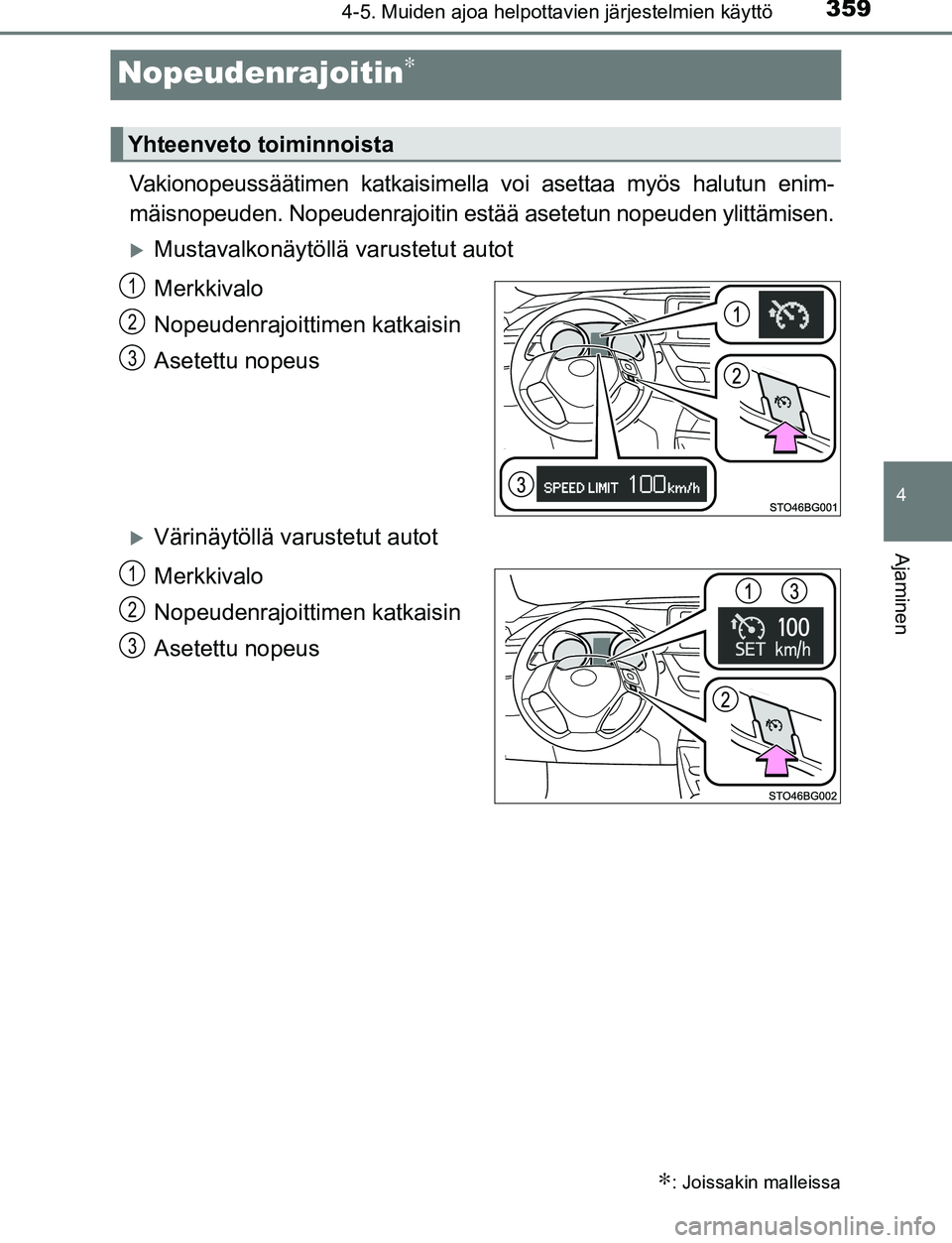 TOYOTA C-HR 2016 Omistajan Käsikirja (in Finnish) 359
4
4-5. Muiden ajoa helpottavien järjestelmien käyttö
Ajaminen
OM10528FI
Nopeudenrajoitin∗
Vakionopeussäätimen katkaisimella voi asettaa myös halutun enim-
mäisnopeuden. Nopeudenrajoitin e TOYOTA C-HR 2016 Omistajan Käsikirja (in Finnish) 359
4
4-5. Muiden ajoa helpottavien järjestelmien käyttö
Ajaminen
OM10528FI
Nopeudenrajoitin∗
Vakionopeussäätimen katkaisimella voi asettaa myös halutun enim-
mäisnopeuden. Nopeudenrajoitin e