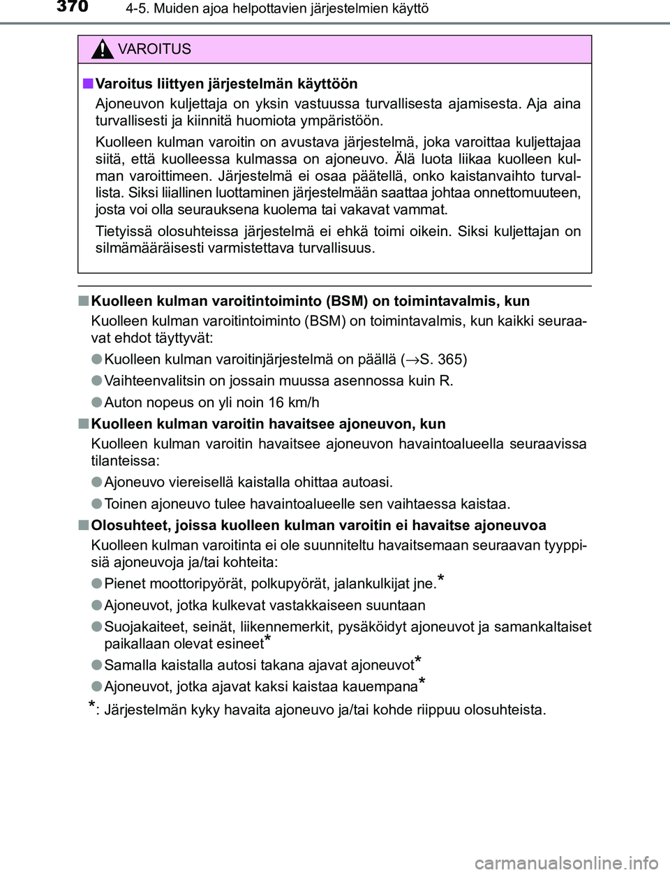 TOYOTA C-HR 2016 Omistajan Käsikirja (in Finnish) 3704-5. Muiden ajoa helpottavien järjestelmien käyttö
OM10528FI
■Kuolleen kulman varoitintoiminto (BSM) on toimintavalmis, kun
Kuolleen kulman varoitintoiminto (BSM) on toimintavalmis, kun kaikki TOYOTA C-HR 2016 Omistajan Käsikirja (in Finnish) 3704-5. Muiden ajoa helpottavien järjestelmien käyttö
OM10528FI
■Kuolleen kulman varoitintoiminto (BSM) on toimintavalmis, kun
Kuolleen kulman varoitintoiminto (BSM) on toimintavalmis, kun kaikki