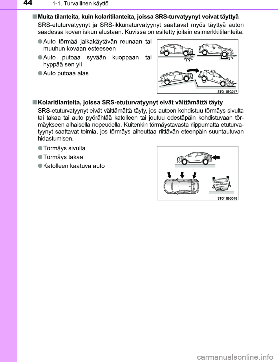 TOYOTA C-HR 2016  Omistajan Käsikirja (in Finnish) 441-1. Turvallinen käyttö
OM10528FI■
Muita tilanteita, kuin kolaritilanteita, joissa SRS-turvatyy nyt voivat täyttyä
SRS-etuturvatyynyt ja SRS-ikkunaturvatyynyt saattavat myös täyttyä auton
s
