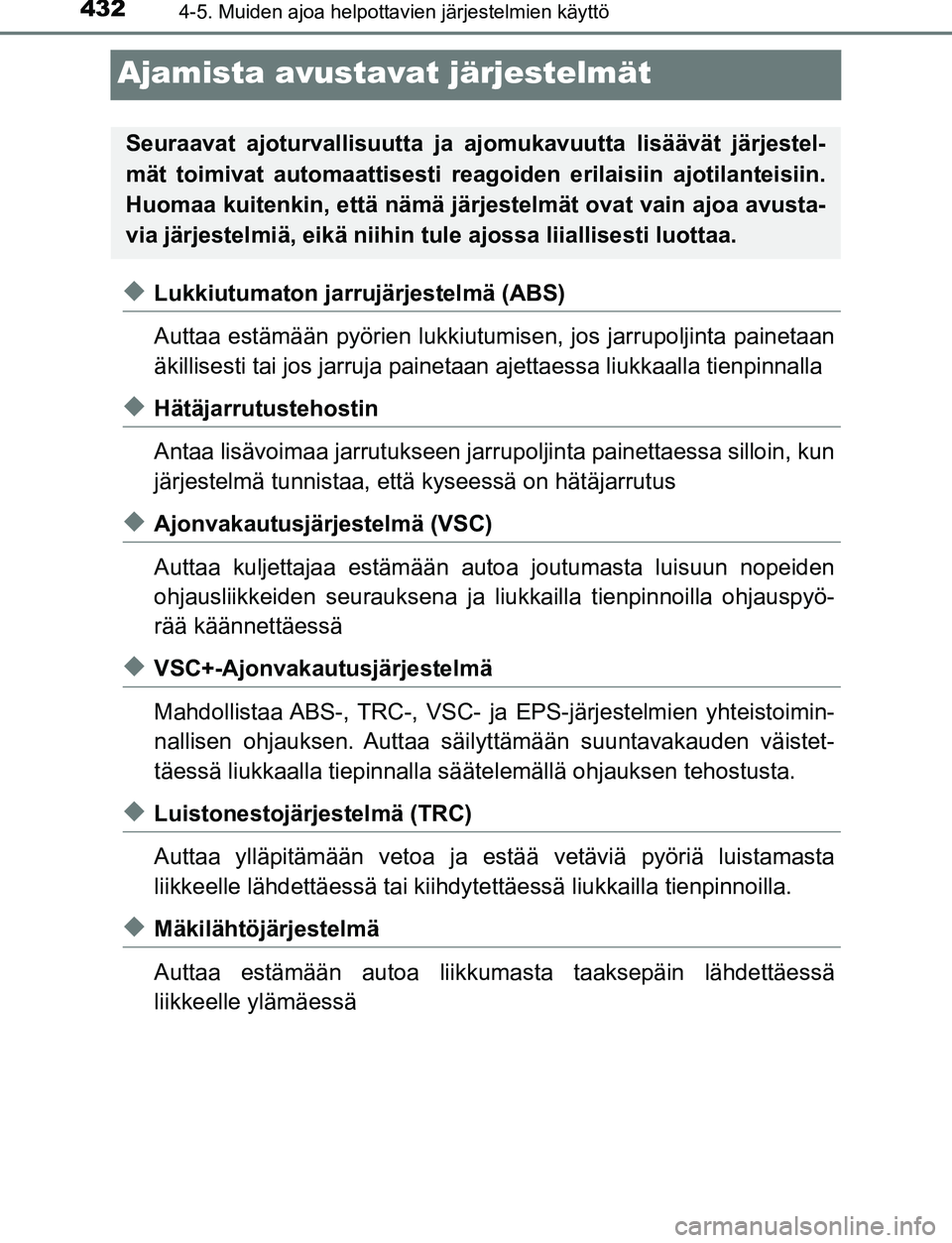 TOYOTA C-HR 2016 Omistajan Käsikirja (in Finnish) 4324-5. Muiden ajoa helpottavien järjestelmien käyttö
OM10528FI
Ajamista avustavat järjestelmät
◆Lukkiutumaton jarrujärjestelmä (ABS)
Auttaa estämään pyörien lukkiutumisen, jos jarrupolji TOYOTA C-HR 2016 Omistajan Käsikirja (in Finnish) 4324-5. Muiden ajoa helpottavien järjestelmien käyttö
OM10528FI
Ajamista avustavat järjestelmät
◆Lukkiutumaton jarrujärjestelmä (ABS)
Auttaa estämään pyörien lukkiutumisen, jos jarrupolji