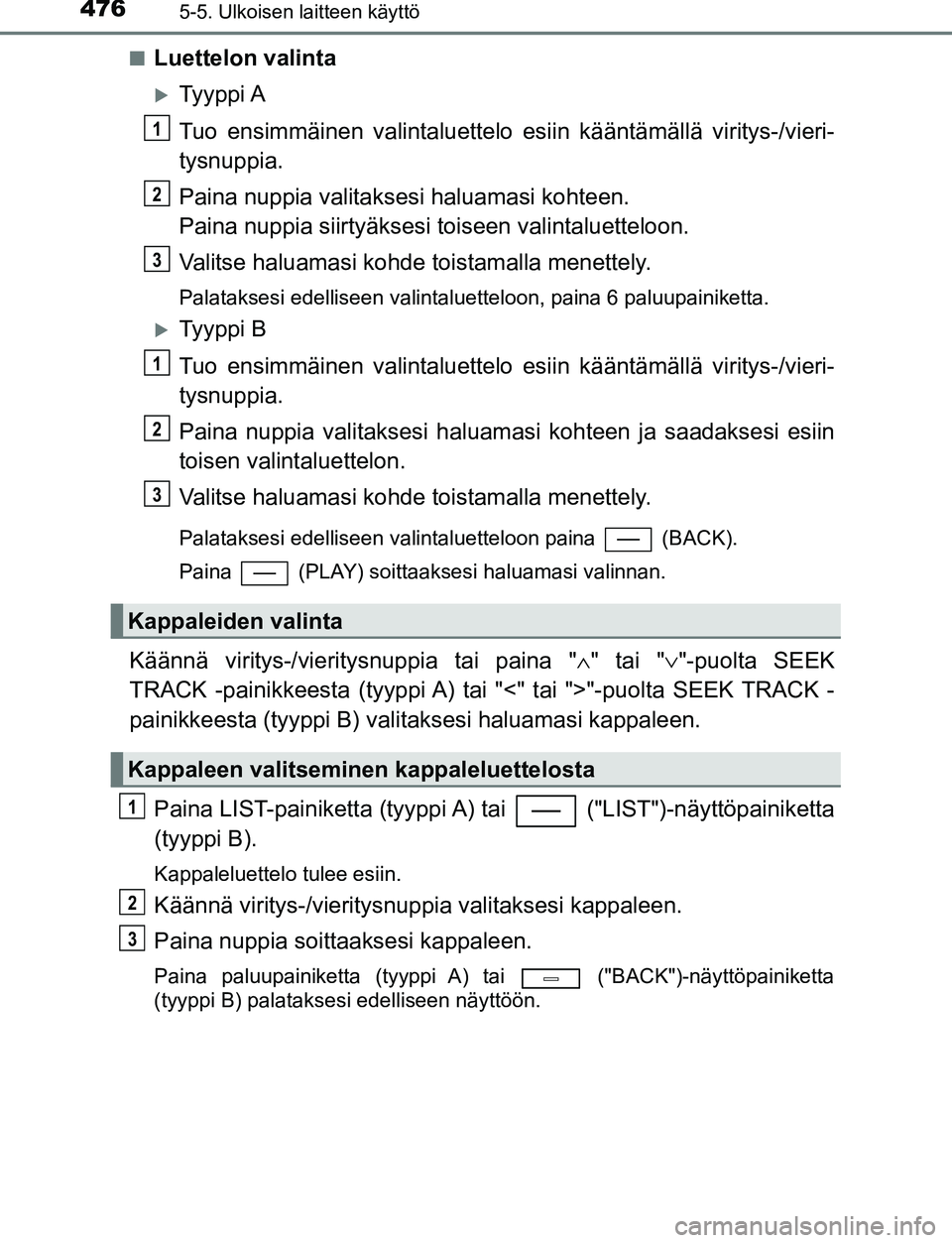 TOYOTA C-HR 2016 Omistajan Käsikirja (in Finnish) 4765-5. Ulkoisen laitteen käyttö
OM10528FI■
Luettelon valinta
Ty y p p i A
Tuo ensimmäinen valintaluettelo es
iin kääntämällä viritys-/vieri-
tysnuppia.
Paina nuppia valitaksesi haluamas TOYOTA C-HR 2016 Omistajan Käsikirja (in Finnish) 4765-5. Ulkoisen laitteen käyttö
OM10528FI■
Luettelon valinta
Ty y p p i A
Tuo ensimmäinen valintaluettelo es
iin kääntämällä viritys-/vieri-
tysnuppia.
Paina nuppia valitaksesi haluamas