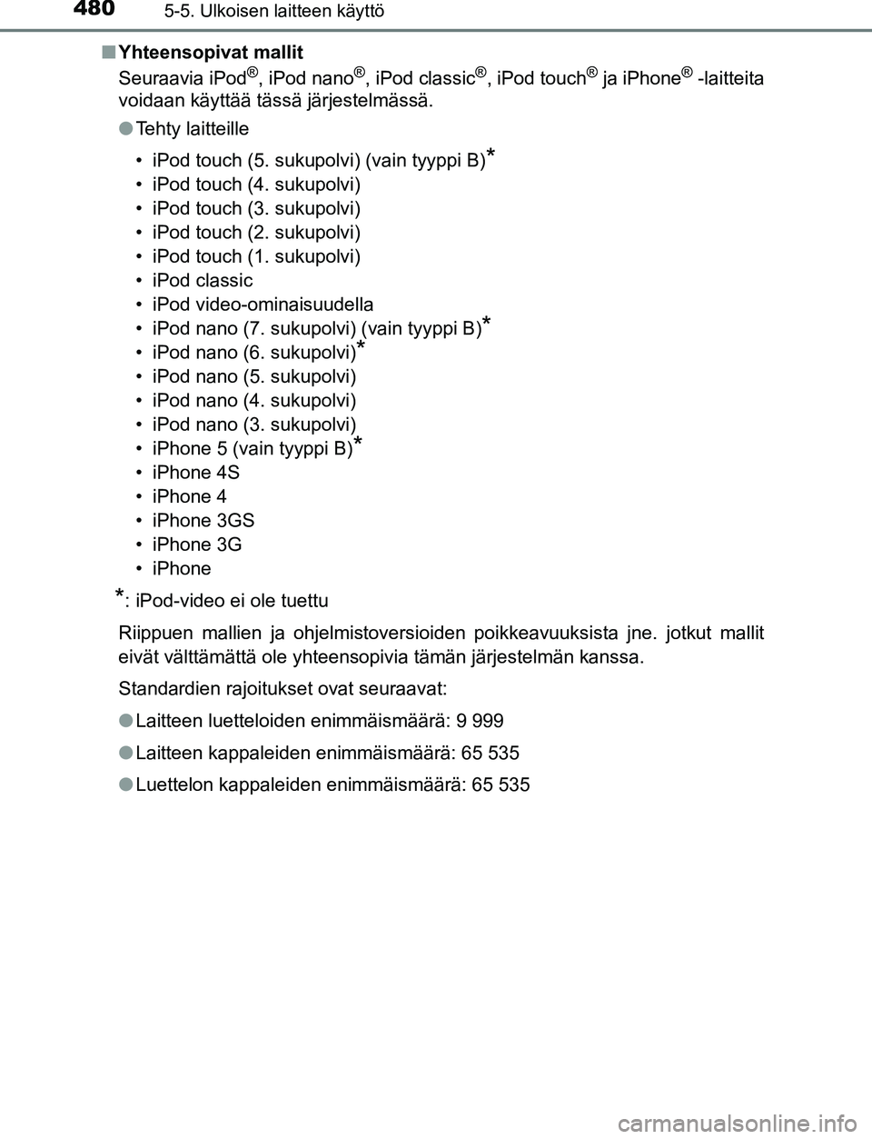 TOYOTA C-HR 2016 Omistajan Käsikirja (in Finnish) 4805-5. Ulkoisen laitteen käyttö
OM10528FI■
Yhteensopivat mallit
Seuraavia iPod
®, iPod nano®, iPod classic®, iPod touch® ja iPhone® -laitteita
voidaan käyttää tässä järjestelmässä.
TOYOTA C-HR 2016 Omistajan Käsikirja (in Finnish) 4805-5. Ulkoisen laitteen käyttö
OM10528FI■
Yhteensopivat mallit
Seuraavia iPod
®, iPod nano®, iPod classic®, iPod touch® ja iPhone® -laitteita
voidaan käyttää tässä järjestelmässä.