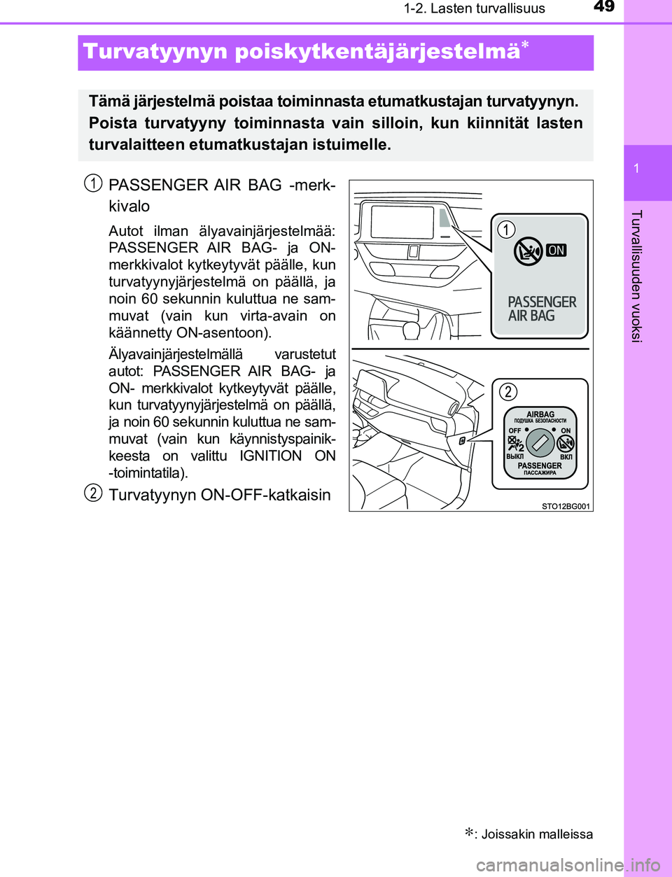 TOYOTA C-HR 2016  Omistajan Käsikirja (in Finnish) 491-2. Lasten turvallisuus
1
Turvallisuuden vuoksi
OM10528FI
Turvatyynyn poiskytkentäjärjestelmä∗
PASSENGER AIR BAG -merk-
kivalo
Autot ilman älyavainjärjestelmää:
PASSENGER AIR BAG- ja ON-
m