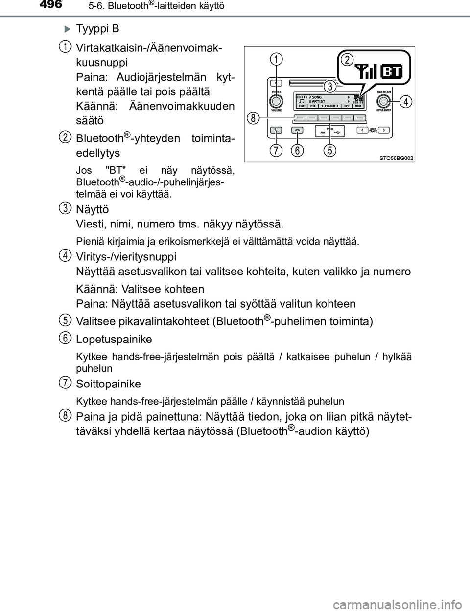 TOYOTA C-HR 2016 Omistajan Käsikirja (in Finnish) 4965-6. Bluetooth®-laitteiden käyttö
OM10528FI
Ty y p p i B
Virtakatkaisin-/Äänenvoimak-
kuusnuppi
Paina: Audiojärjestelmän kyt-
kentä päälle tai pois päältä
Käännä: Äänenvoimak TOYOTA C-HR 2016 Omistajan Käsikirja (in Finnish) 4965-6. Bluetooth®-laitteiden käyttö
OM10528FI
Ty y p p i B
Virtakatkaisin-/Äänenvoimak-
kuusnuppi
Paina: Audiojärjestelmän kyt-
kentä päälle tai pois päältä
Käännä: Äänenvoimak