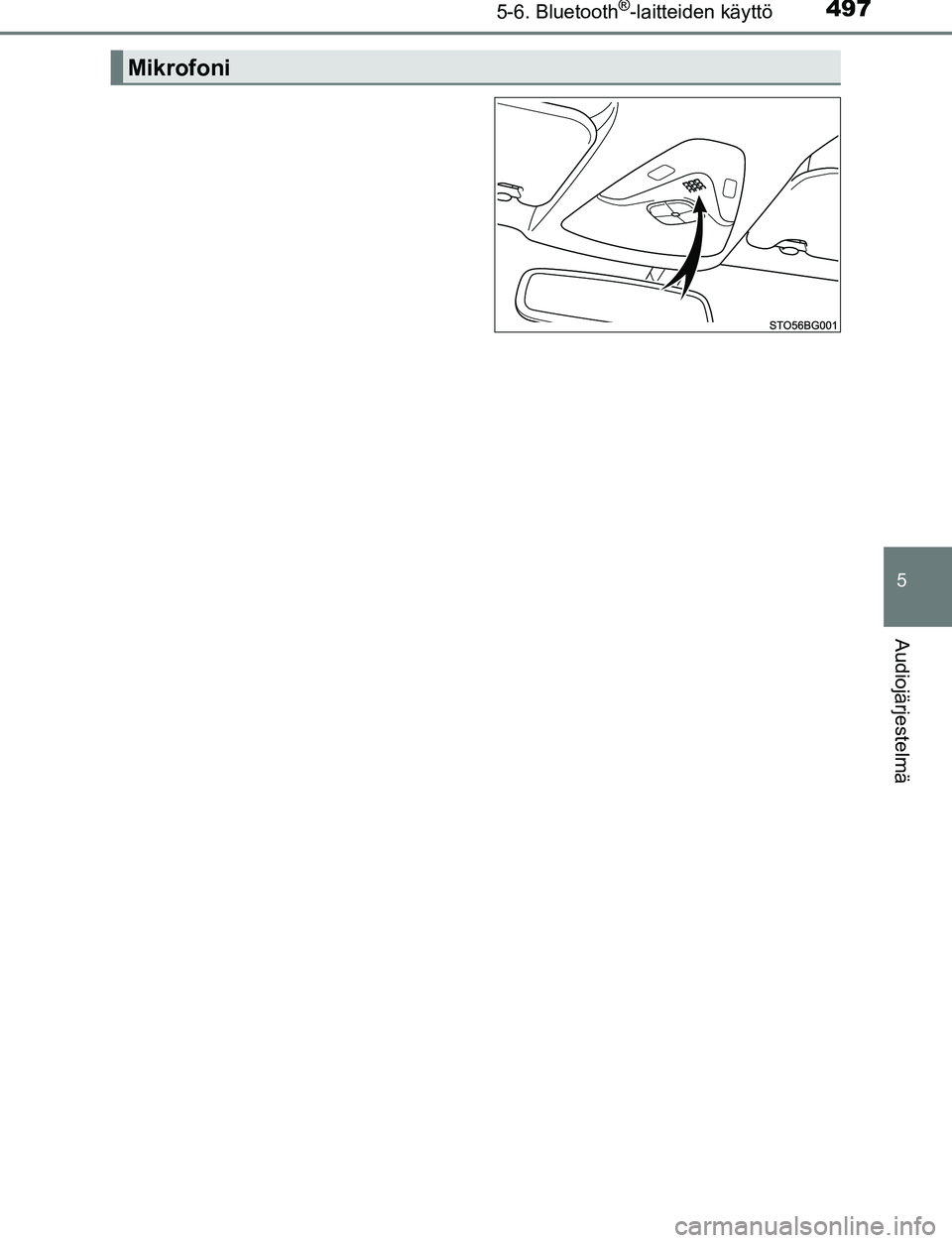 TOYOTA C-HR 2016 Omistajan Käsikirja (in Finnish) 4975-6. Bluetooth®-laitteiden käyttö
5
Audiojärjestelmä
OM10528FI
Mikrofoni
OM10528FI.book Page 497 Thursday, January 19, 2017 2:19 AM TOYOTA C-HR 2016 Omistajan Käsikirja (in Finnish) 4975-6. Bluetooth®-laitteiden käyttö
5
Audiojärjestelmä
OM10528FI
Mikrofoni
OM10528FI.book Page 497 Thursday, January 19, 2017 2:19 AM