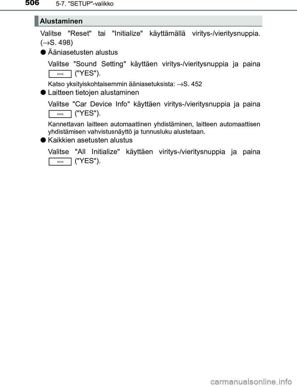 TOYOTA C-HR 2016 Omistajan Käsikirja (in Finnish) 5065-7. "SETUP"-valikko
OM10528FI
Valitse "Reset" tai "Initialize" käyttämällä viritys-/vieritysnuppia.
(→ S. 498)
● Ääniasetusten alustus
Valitse "Sound Setting" käyttäen viritys-/vierit TOYOTA C-HR 2016 Omistajan Käsikirja (in Finnish) 5065-7. "SETUP"-valikko
OM10528FI
Valitse "Reset" tai "Initialize" käyttämällä viritys-/vieritysnuppia.
(→ S. 498)
● Ääniasetusten alustus
Valitse "Sound Setting" käyttäen viritys-/vierit