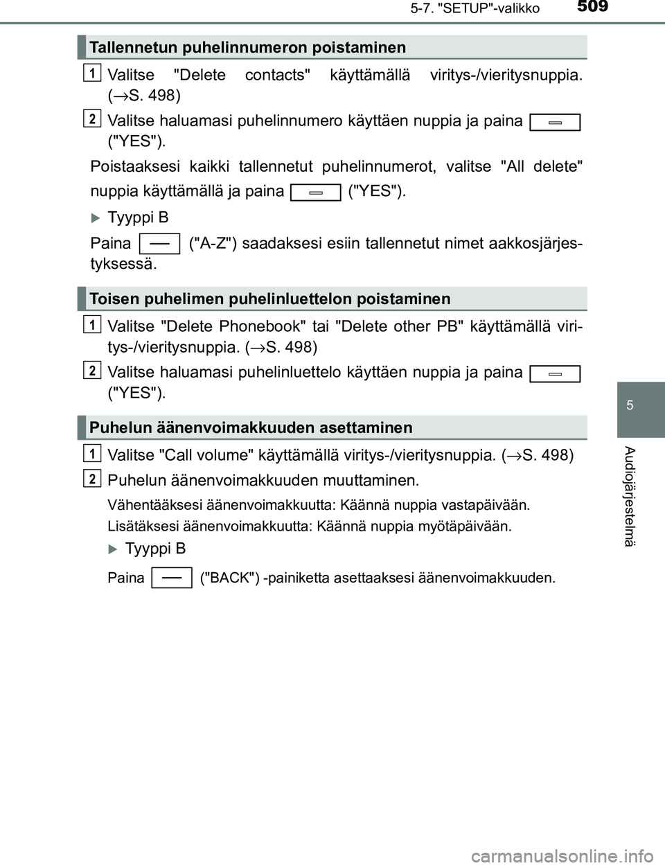 TOYOTA C-HR 2016 Omistajan Käsikirja (in Finnish) 5095-7. "SETUP"-valikko
5
Audiojärjestelmä
OM10528FI
Valitse "Delete contacts" käyttämällä viritys-/vieritysnuppia.
( → S. 498)
Valitse haluamasi puhelinnumero käyttäen nuppia ja paina
("YE TOYOTA C-HR 2016 Omistajan Käsikirja (in Finnish) 5095-7. "SETUP"-valikko
5
Audiojärjestelmä
OM10528FI
Valitse "Delete contacts" käyttämällä viritys-/vieritysnuppia.
( → S. 498)
Valitse haluamasi puhelinnumero käyttäen nuppia ja paina
("YE