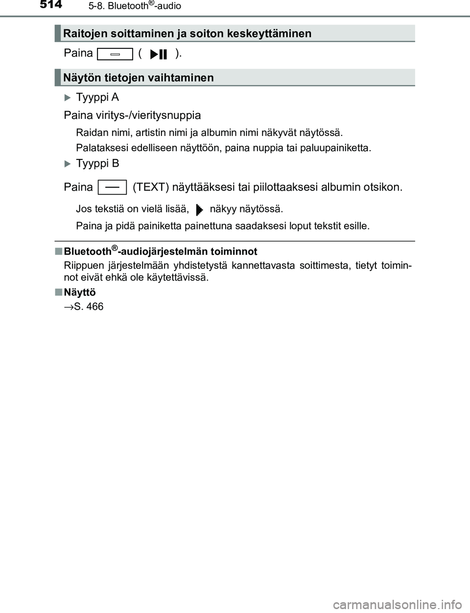 TOYOTA C-HR 2016 Omistajan Käsikirja (in Finnish) 5145-8. Bluetooth®-audio
OM10528FI
Paina ( ).
Ty y p p i A
Paina viritys-/vieritysnuppia
Raidan nimi, artistin nimi ja albumin nimi näkyvät näytössä\
.
Palataksesi edelliseen näyttöön, p TOYOTA C-HR 2016 Omistajan Käsikirja (in Finnish) 5145-8. Bluetooth®-audio
OM10528FI
Paina ( ).
Ty y p p i A
Paina viritys-/vieritysnuppia
Raidan nimi, artistin nimi ja albumin nimi näkyvät näytössä\
.
Palataksesi edelliseen näyttöön, p