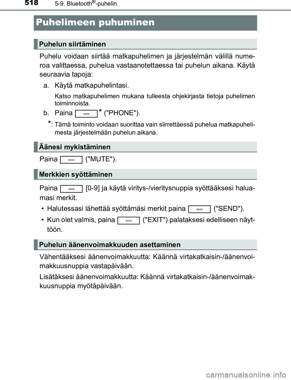 TOYOTA C-HR 2016 Omistajan Käsikirja (in Finnish) 5185-9. Bluetooth®-puhelin
OM10528FI
Puhelimeen puhuminen
Puhelu voidaan siirtää matkapuhelimen ja järjestelmän välillä nume-
roa valittaessa, puhelua vastaanotett aessa tai puhelun aikana. Kä TOYOTA C-HR 2016 Omistajan Käsikirja (in Finnish) 5185-9. Bluetooth®-puhelin
OM10528FI
Puhelimeen puhuminen
Puhelu voidaan siirtää matkapuhelimen ja järjestelmän välillä nume-
roa valittaessa, puhelua vastaanotett aessa tai puhelun aikana. Kä