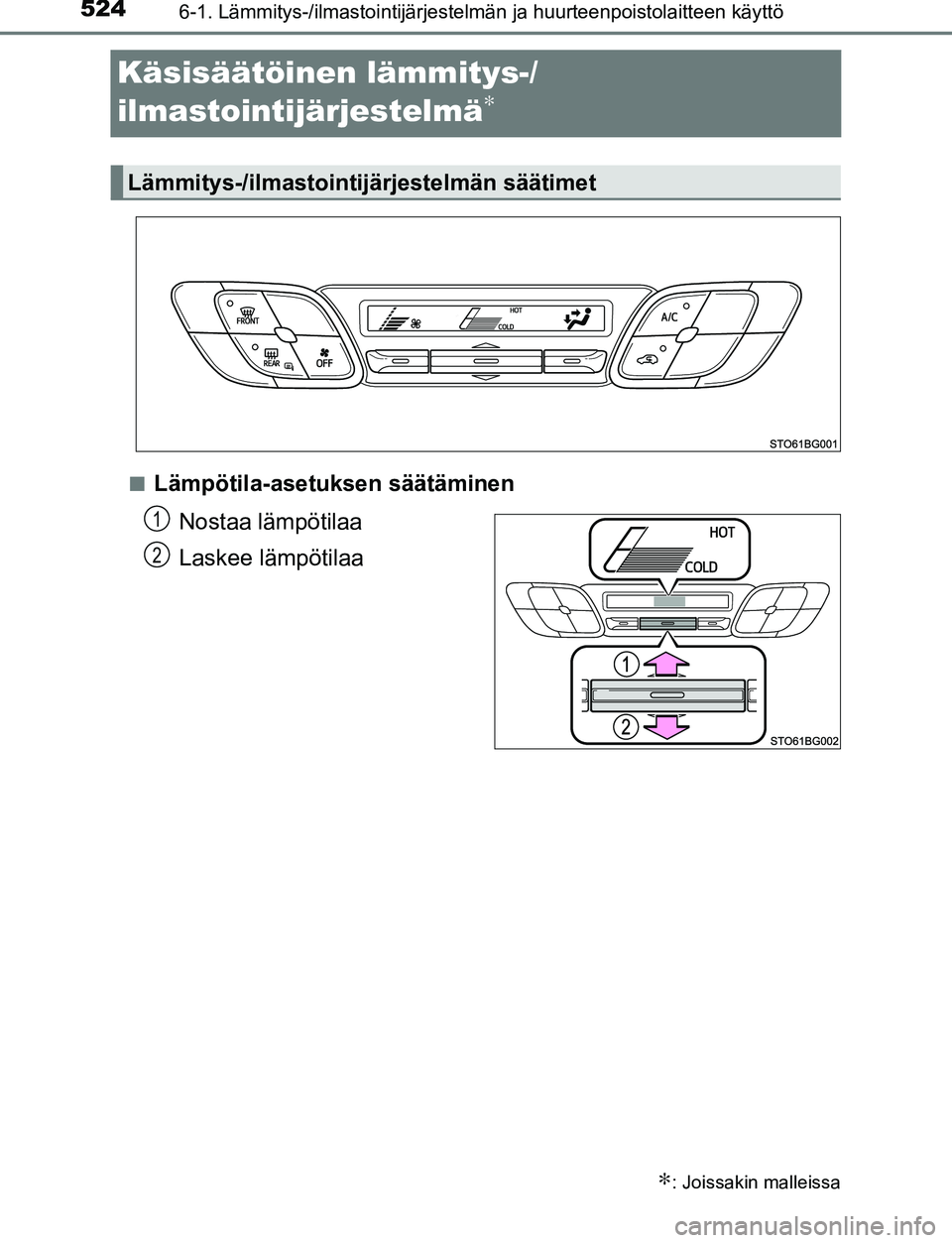 TOYOTA C-HR 2016 Omistajan Käsikirja (in Finnish) 5246-1. Lämmitys-/ilmastointijärjestelmän ja huurteenpoistolaitteen käyttö
OM10528FI
Käsisäätöinen lämmitys-/
ilmastointijärjestelmä
∗
■Lämpötila-asetuksen säätäminen
Nostaa lämp TOYOTA C-HR 2016 Omistajan Käsikirja (in Finnish) 5246-1. Lämmitys-/ilmastointijärjestelmän ja huurteenpoistolaitteen käyttö
OM10528FI
Käsisäätöinen lämmitys-/
ilmastointijärjestelmä
∗
■Lämpötila-asetuksen säätäminen
Nostaa lämp