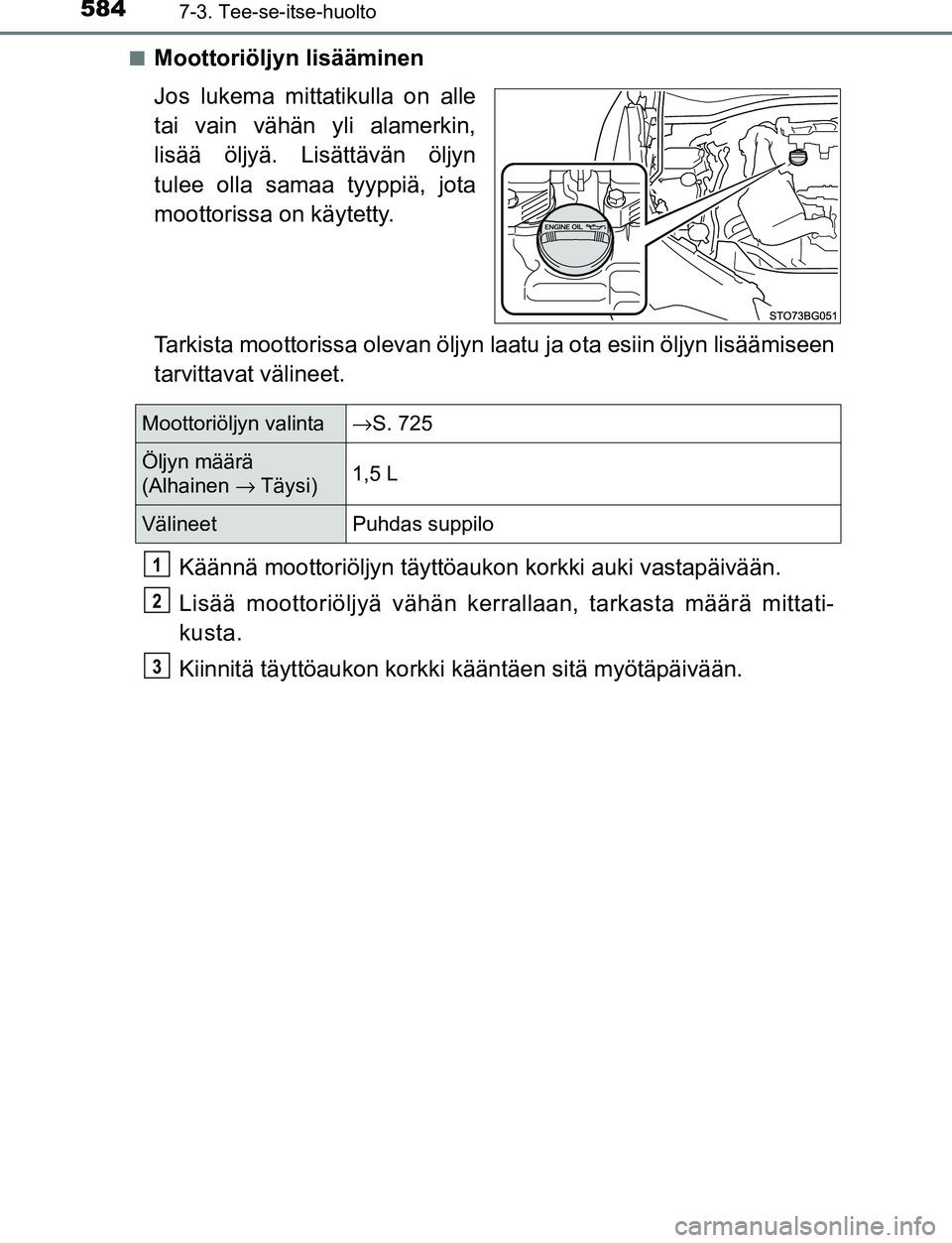 TOYOTA C-HR 2016 Omistajan Käsikirja (in Finnish) 5847-3. Tee-se-itse-huolto
OM10528FI■
Moottoriöljyn lisääminen
Jos lukema mittatikulla on alle
tai vain vähän yli alamerkin,
lisää öljyä. Lisättävän öljyn
tulee olla samaa tyyppiä, jot TOYOTA C-HR 2016 Omistajan Käsikirja (in Finnish) 5847-3. Tee-se-itse-huolto
OM10528FI■
Moottoriöljyn lisääminen
Jos lukema mittatikulla on alle
tai vain vähän yli alamerkin,
lisää öljyä. Lisättävän öljyn
tulee olla samaa tyyppiä, jot