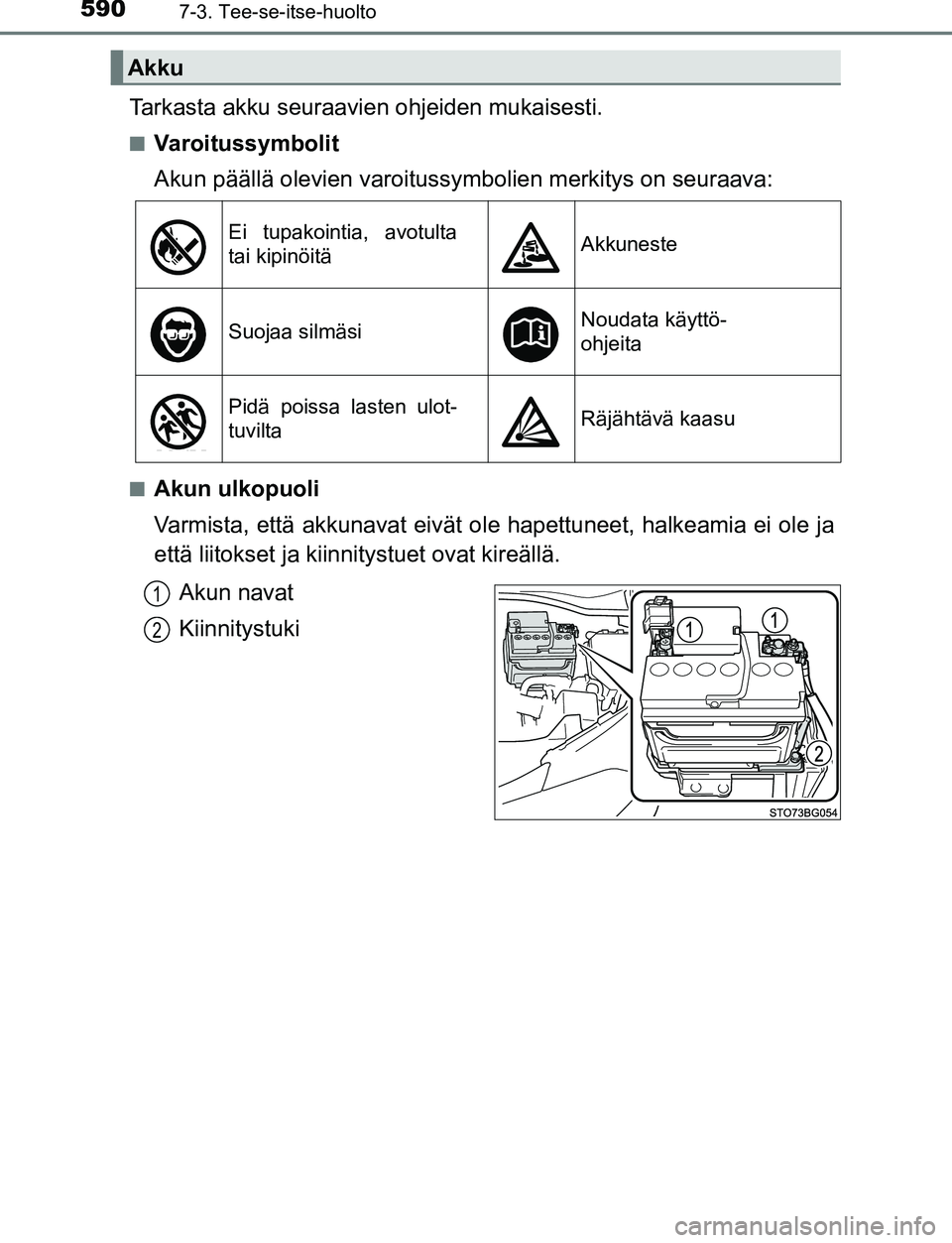 TOYOTA C-HR 2016 Omistajan Käsikirja (in Finnish) 5907-3. Tee-se-itse-huolto
OM10528FI
Tarkasta akku seuraavien ohjeiden mukaisesti.
■Varoitussymbolit
Akun päällä olevien varoitussy mbolien merkitys on seuraava:
■Akun ulkopuoli
Varmista, että TOYOTA C-HR 2016 Omistajan Käsikirja (in Finnish) 5907-3. Tee-se-itse-huolto
OM10528FI
Tarkasta akku seuraavien ohjeiden mukaisesti.
■Varoitussymbolit
Akun päällä olevien varoitussy mbolien merkitys on seuraava:
■Akun ulkopuoli
Varmista, että