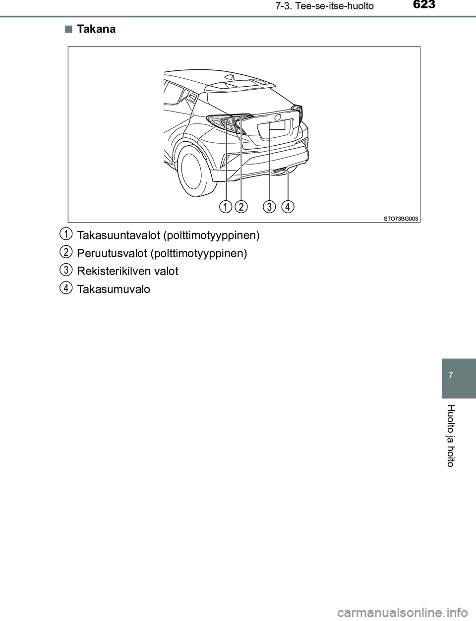 TOYOTA C-HR 2016  Omistajan Käsikirja (in Finnish) 6237-3. Tee-se-itse-huolto
7
Huolto ja hoito
OM10528FI■
Ta k a n a
Takasuuntavalot (polttimotyyppinen)
Peruutusvalot (polttimotyyppinen)
Rekisterikilven valot
Takasumuvalo
1
2
3
4
OM10528FI.book  Pa