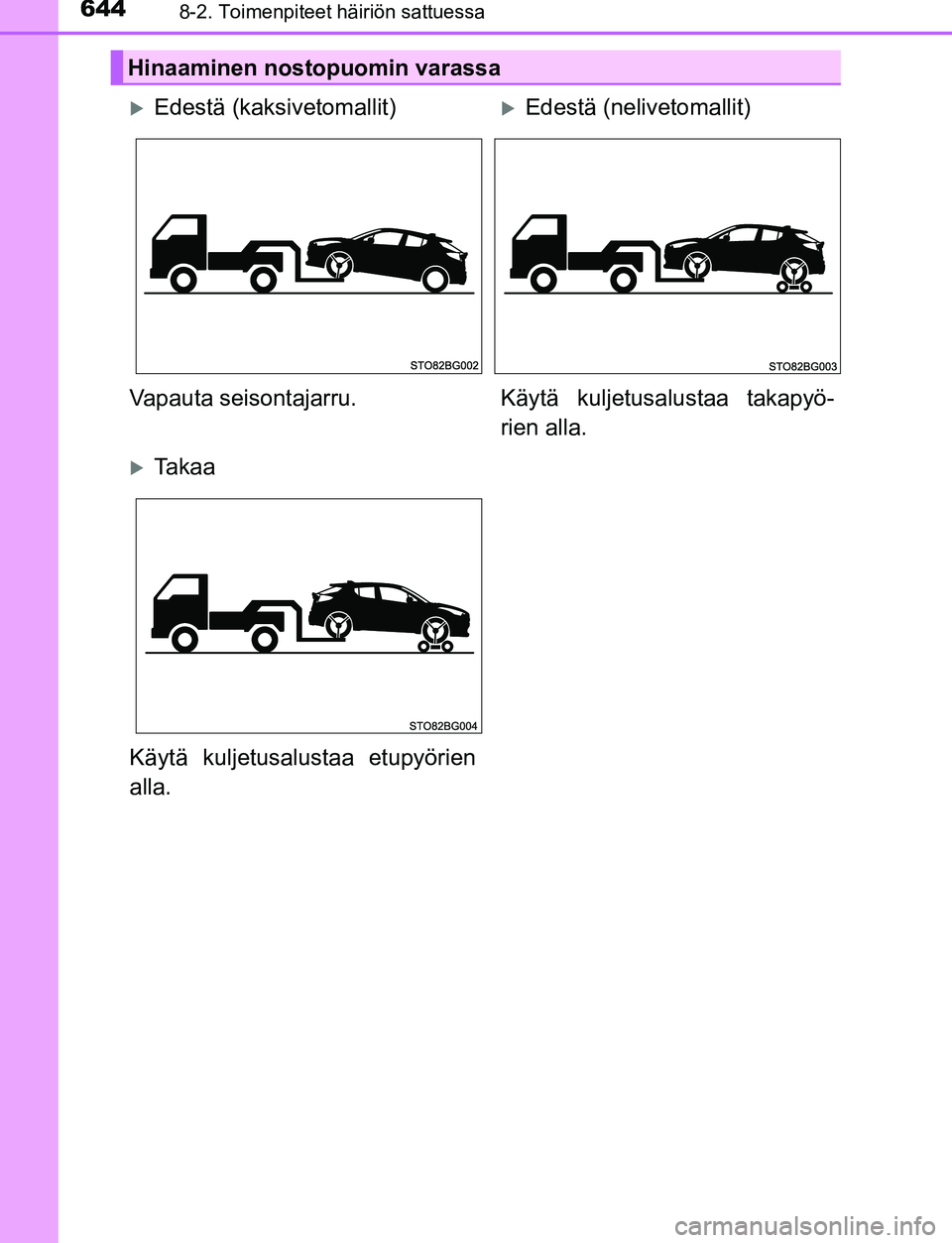 TOYOTA C-HR 2016 Omistajan Käsikirja (in Finnish) 6448-2. Toimenpiteet häiriön sattuessa
OM10528FI
Hinaaminen nostopuomin varassa
Edestä (kaksivetomallit)Edestä (nelivetomallit)
Vapauta seisontajarru. Käytä kuljetusalustaa takapyö-
rien TOYOTA C-HR 2016 Omistajan Käsikirja (in Finnish) 6448-2. Toimenpiteet häiriön sattuessa
OM10528FI
Hinaaminen nostopuomin varassa
Edestä (kaksivetomallit)Edestä (nelivetomallit)
Vapauta seisontajarru. Käytä kuljetusalustaa takapyö-
rien