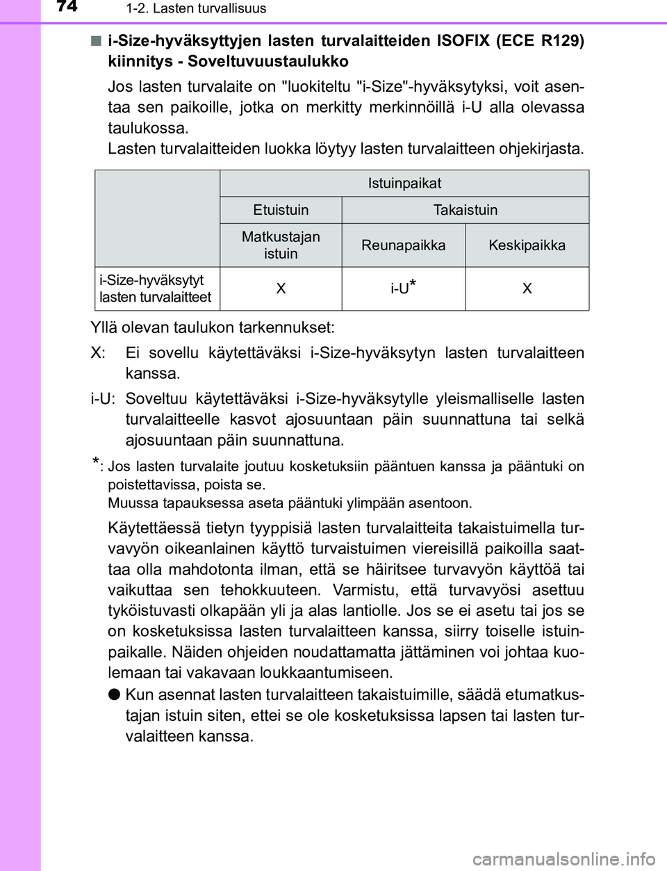 TOYOTA C-HR 2016  Omistajan Käsikirja (in Finnish) 741-2. Lasten turvallisuus
OM10528FI■
i-Size-hyväksyttyjen lasten turvalaitteiden ISOFIX (ECE R129)
kiinnitys - Soveltuvuustaulukko
Jos lasten turvalaite on "luokiteltu 
"i-Size"-hyväksytyksi, voi