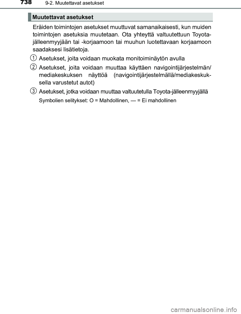 TOYOTA C-HR 2016  Omistajan Käsikirja (in Finnish) 7389-2. Muutettavat asetukset
OM10528FI
Eräiden toimintojen asetukset muuttuvat samanaikaisesti, kun muiden
toimintojen asetuksia muutetaan. Ota yhteyttä valtuutettuun Toyota-
jälleenmyyjään tai 