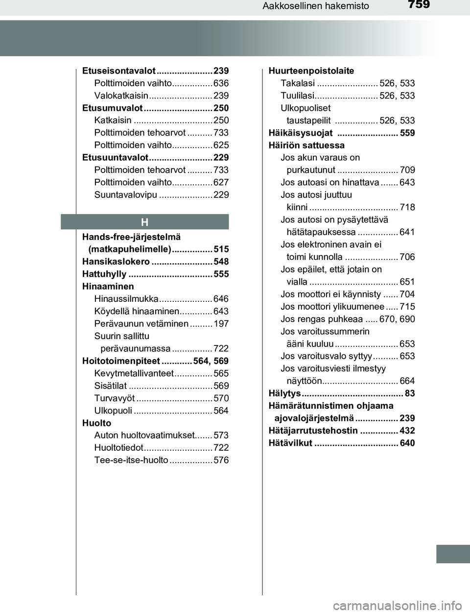 TOYOTA C-HR 2016  Omistajan Käsikirja (in Finnish) 759Aakkosellinen hakemisto
OM10528FI
Etuseisontavalot ...................... 239Polttimoiden vaihto................ 636
Valokatkaisin ......................... 239
Etusumuvalot .......................