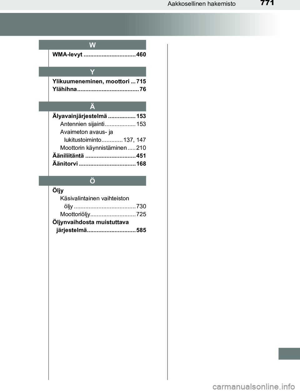 TOYOTA C-HR 2016  Omistajan Käsikirja (in Finnish) 771Aakkosellinen hakemisto
OM10528FI
WMA-levyt ................................ 460
Ylikuumeneminen, moottori ... 715
Ylähihna ...................................... 76
Älyavainjärjestelmä .......