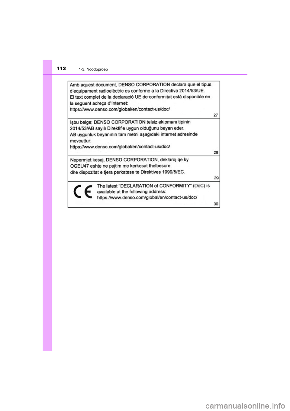 TOYOTA C_HR HYBRID 2021 Instructieboekje (in Dutch) 1121-3. Noodoproep
C-HR_HV_OM_Europe_OM10701E
C-HR_HV_OM_Europe_OM10701E.book Page 112 Wednesday, June 10, 2020 12:21 PM TOYOTA C_HR HYBRID 2021 Instructieboekje (in Dutch) 1121-3. Noodoproep
C-HR_HV_OM_Europe_OM10701E
C-HR_HV_OM_Europe_OM10701E.book Page 112 Wednesday, June 10, 2020 12:21 PM