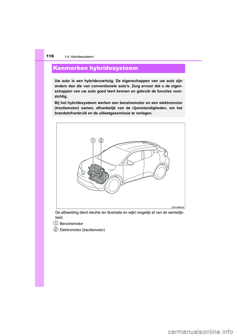 TOYOTA C_HR HYBRID 2021 Instructieboekje (in Dutch) 1161-4. Hybridesysteem
C-HR_HV_OM_Europe_OM10701E
Kenmerken hybridesysteem
De afbeelding dient slechts ter illustratie en wijkt mogelijk af van de werkelijk-
heid.Benzinemotor
Elektromotor (tractiemot TOYOTA C_HR HYBRID 2021 Instructieboekje (in Dutch) 1161-4. Hybridesysteem
C-HR_HV_OM_Europe_OM10701E
Kenmerken hybridesysteem
De afbeelding dient slechts ter illustratie en wijkt mogelijk af van de werkelijk-
heid.Benzinemotor
Elektromotor (tractiemot