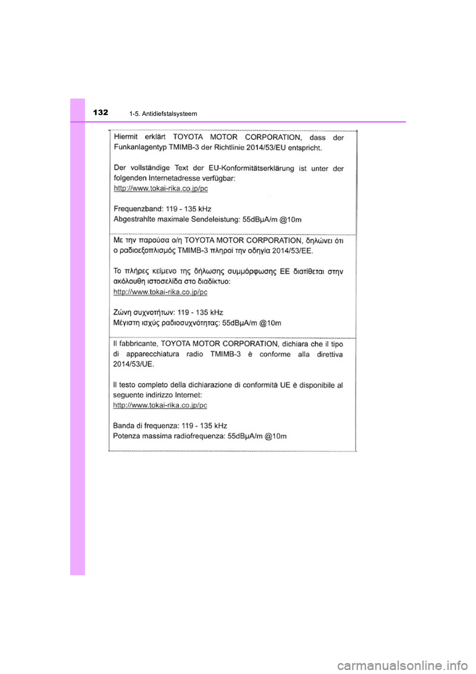 TOYOTA C_HR HYBRID 2021  Instructieboekje (in Dutch) 1321-5. Antidiefstalsysteem
C-HR_HV_OM_Europe_OM10701E
C-HR_HV_OM_Europe_OM10701E.book  Page 132  Wednesday, June 10, 2020  12:21 PM 