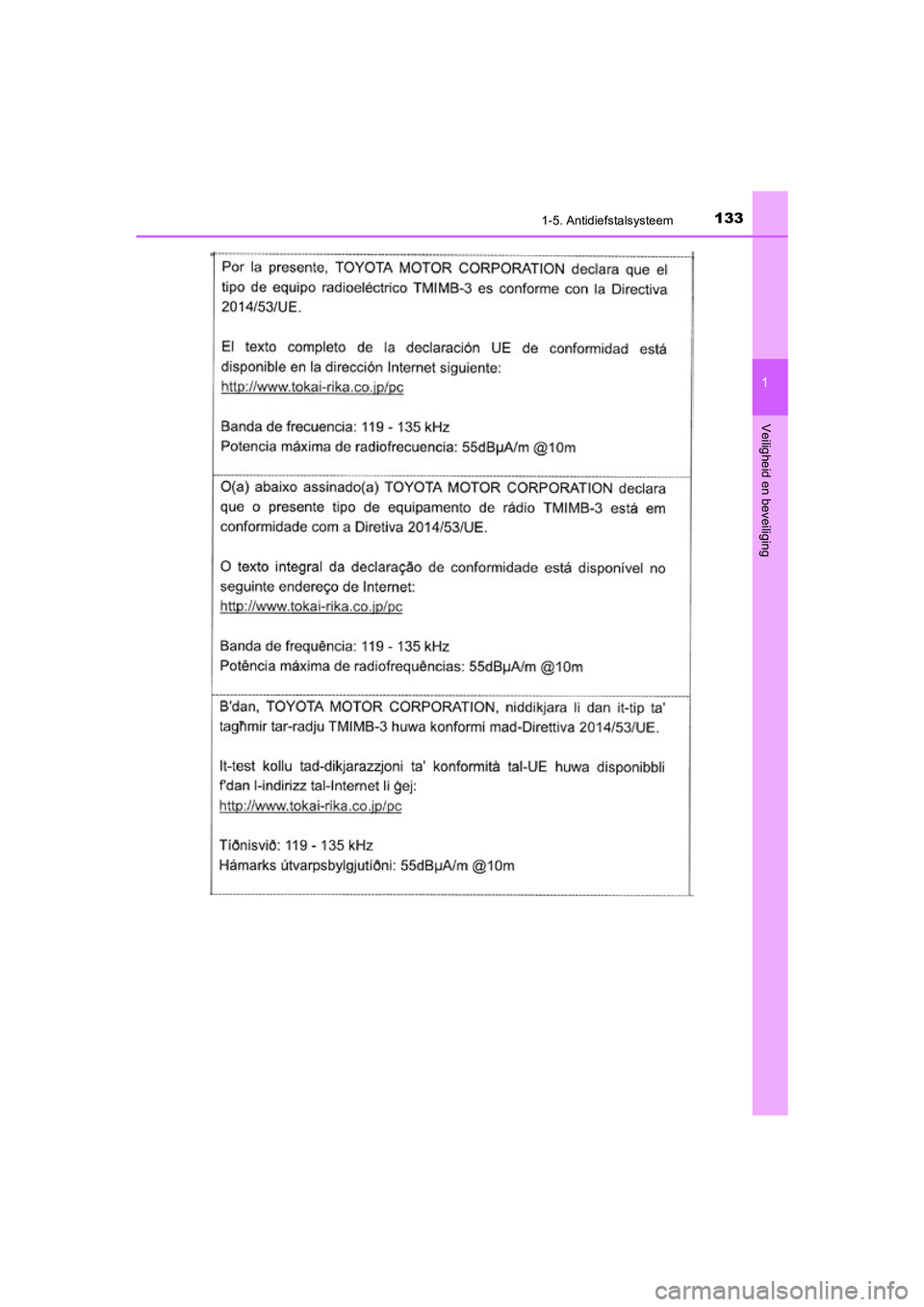 TOYOTA C_HR HYBRID 2021  Instructieboekje (in Dutch) 1331-5. Antidiefstalsysteem
1
Veiligheid en beveiliging
C-HR_HV_OM_Europe_OM10701E
C-HR_HV_OM_Europe_OM10701E.book  Page 133  Wednesday, June 10, 2020  12:21 PM 