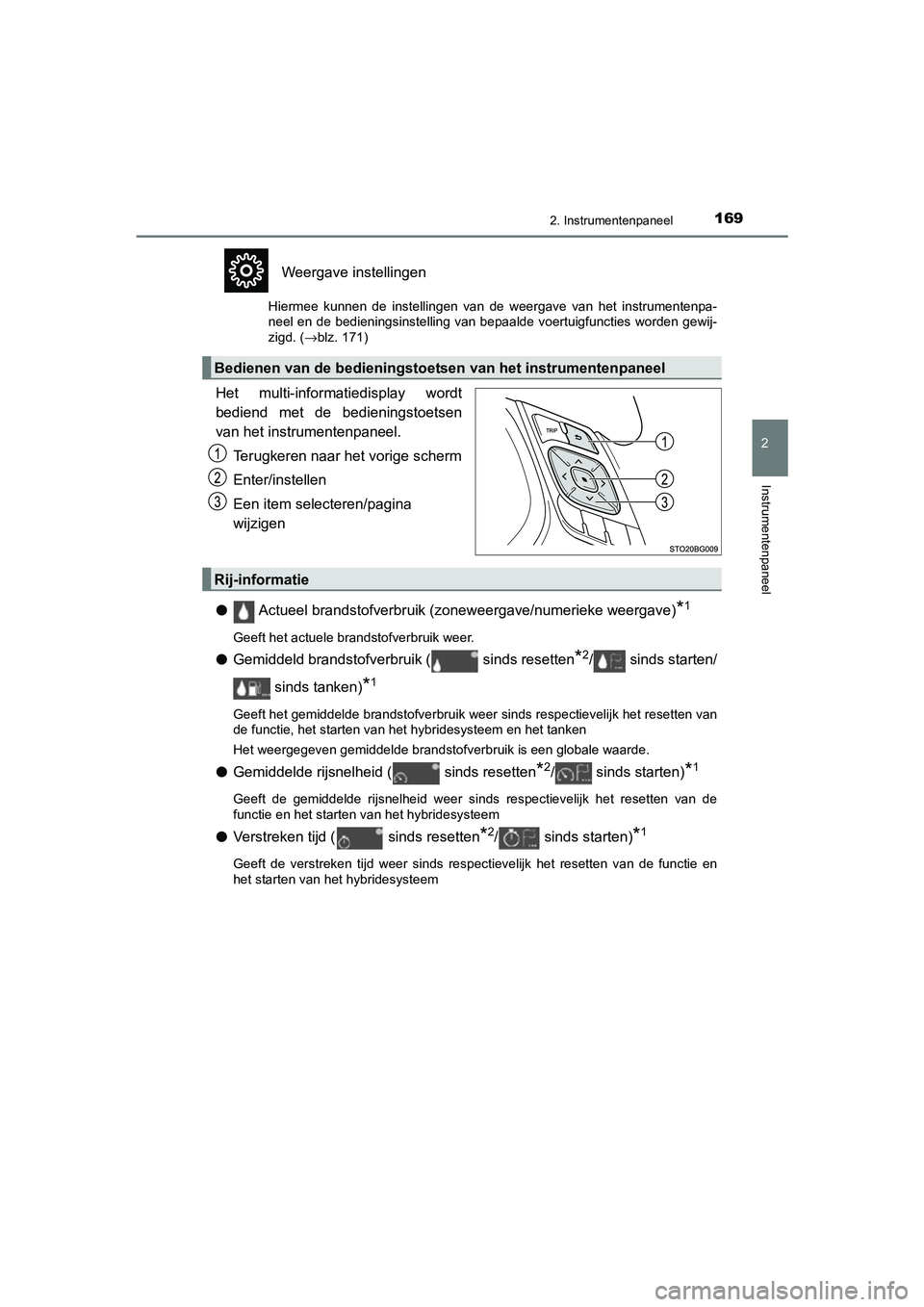 TOYOTA C_HR HYBRID 2021 Instructieboekje (in Dutch) 1692. Instrumentenpaneel
2
Instrumentenpaneel
C-HR_HV_OM_Europe_OM10701E
Weergave instellingen
Hiermee kunnen de instellingen van de weergave van het instrumentenpa-
neel en de bedieningsinstelling va TOYOTA C_HR HYBRID 2021 Instructieboekje (in Dutch) 1692. Instrumentenpaneel
2
Instrumentenpaneel
C-HR_HV_OM_Europe_OM10701E
Weergave instellingen
Hiermee kunnen de instellingen van de weergave van het instrumentenpa-
neel en de bedieningsinstelling va