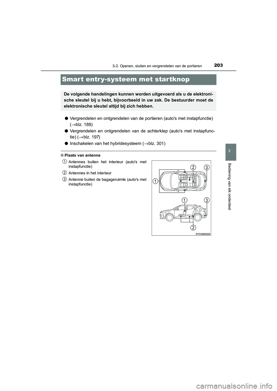 TOYOTA C_HR HYBRID 2021 Instructieboekje (in Dutch) 203
3
3-2. Openen, sluiten en vergrendelen van de portieren
Bediening van elk onderdeel
C-HR_HV_OM_Europe_OM10701E
Smart entr y-systeem met startknop
●Vergrendelen en ontgrendelen van de portieren ( TOYOTA C_HR HYBRID 2021 Instructieboekje (in Dutch) 203
3
3-2. Openen, sluiten en vergrendelen van de portieren
Bediening van elk onderdeel
C-HR_HV_OM_Europe_OM10701E
Smart entr y-systeem met startknop
●Vergrendelen en ontgrendelen van de portieren (