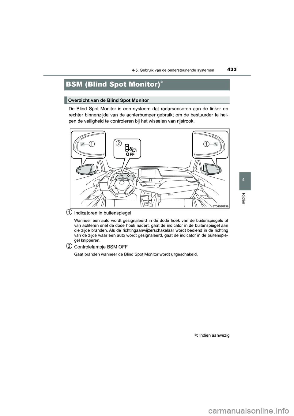 TOYOTA C_HR HYBRID 2021  Instructieboekje (in Dutch) 433
4
4-5. Gebruik van de ondersteunende systemen
Rijden
C-HR_HV_OM_Europe_OM10701E
BSM (Blind Spot Monitor)∗
De Blind Spot Monitor is een systeem dat radarsensoren aan de linker en
rechter binnenzi