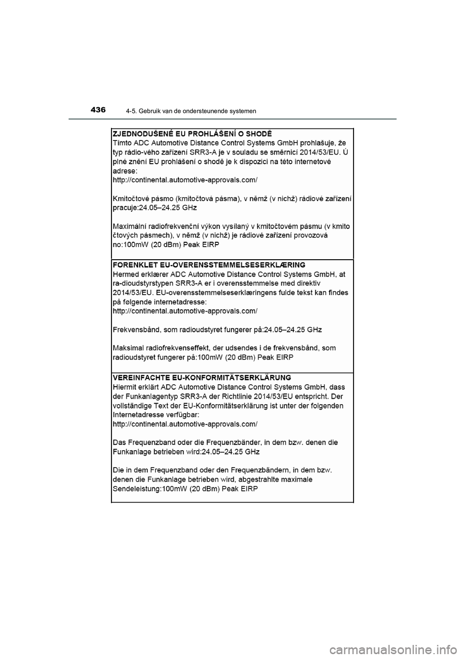 TOYOTA C_HR HYBRID 2021  Instructieboekje (in Dutch) 4364-5. Gebruik van de ondersteunende systemen
C-HR_HV_OM_Europe_OM10701E
C-HR_HV_OM_Europe_OM10701E.book  Page 436  Wednesday, June 10, 2020  12:21 PM 