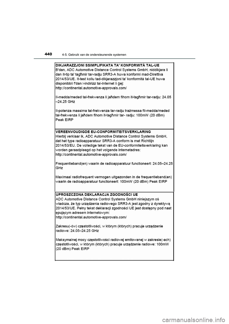 TOYOTA C_HR HYBRID 2021  Instructieboekje (in Dutch) 4404-5. Gebruik van de ondersteunende systemen
C-HR_HV_OM_Europe_OM10701E
C-HR_HV_OM_Europe_OM10701E.book  Page 440  Wednesday, June 10, 2020  12:21 PM 
