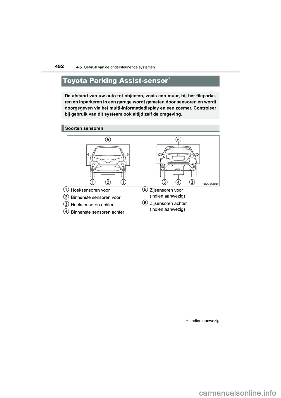 TOYOTA C_HR HYBRID 2021 Instructieboekje (in Dutch) 4524-5. Gebruik van de ondersteunende systemen
C-HR_HV_OM_Europe_OM10701E
Toyota Parking Assist-sensor∗
∗: Indien aanwezig
De afstand van uw auto tot objecten, zoals een muur, bij het fileparke-
r TOYOTA C_HR HYBRID 2021 Instructieboekje (in Dutch) 4524-5. Gebruik van de ondersteunende systemen
C-HR_HV_OM_Europe_OM10701E
Toyota Parking Assist-sensor∗
∗: Indien aanwezig
De afstand van uw auto tot objecten, zoals een muur, bij het fileparke-
r